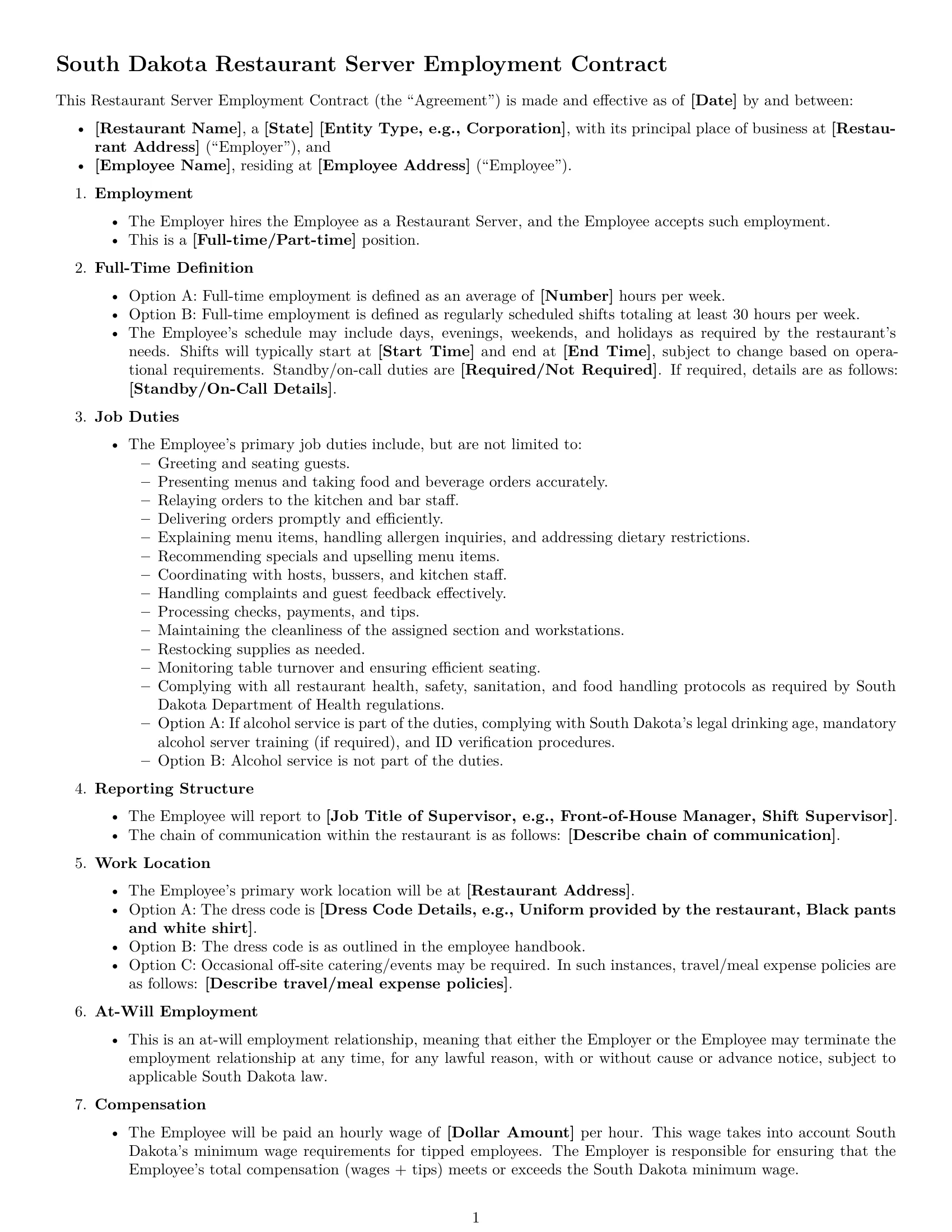 Preview page 1 of Free South Dakota restaurant server employment contract template