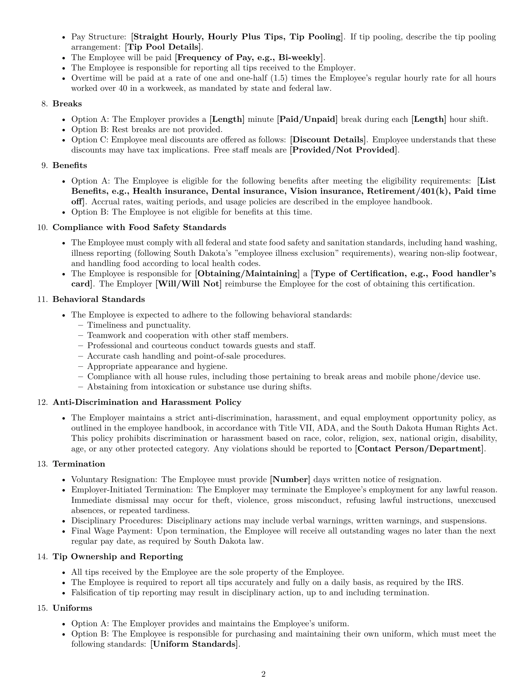 Preview page 2 of Free South Dakota restaurant server employment contract template