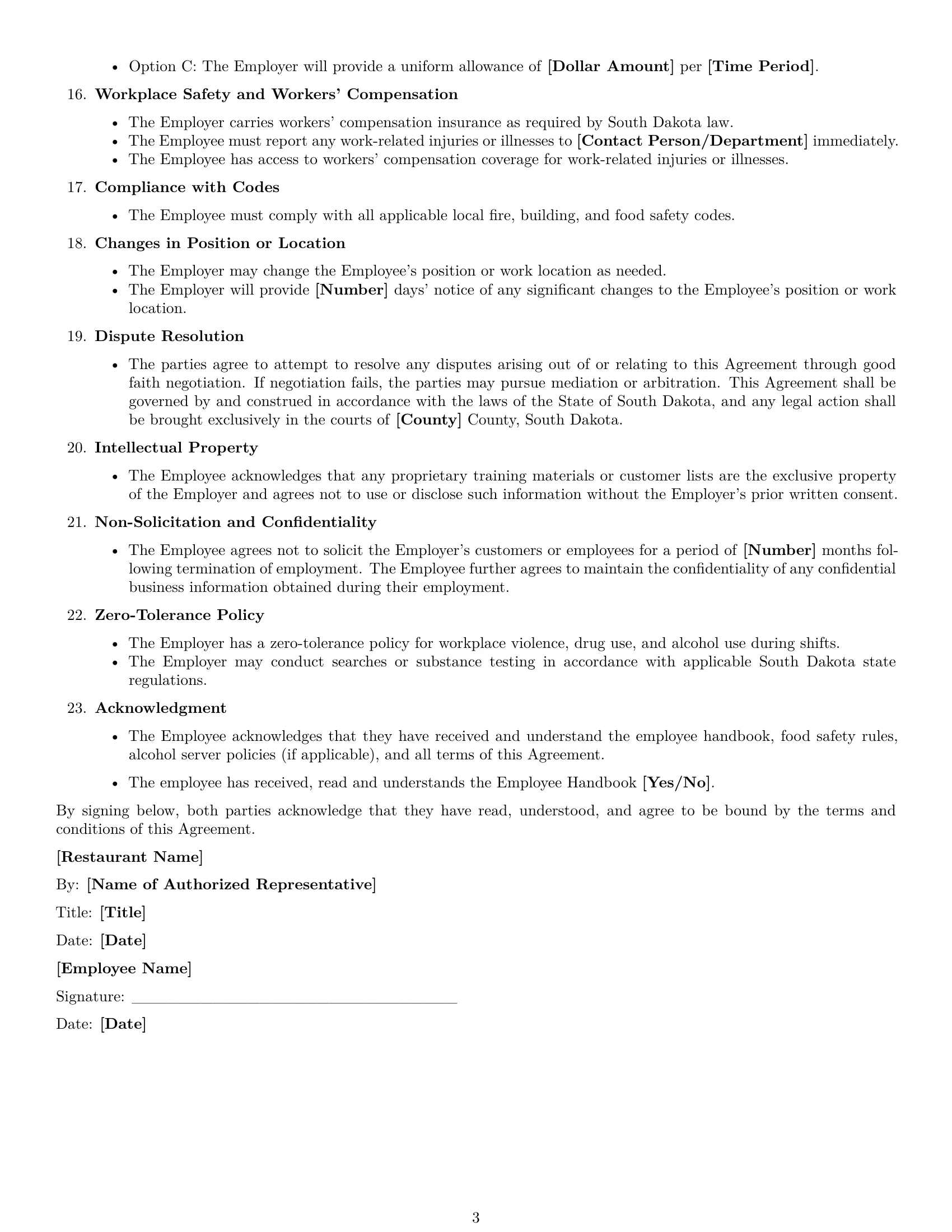 Preview page 3 of Free South Dakota restaurant server employment contract template