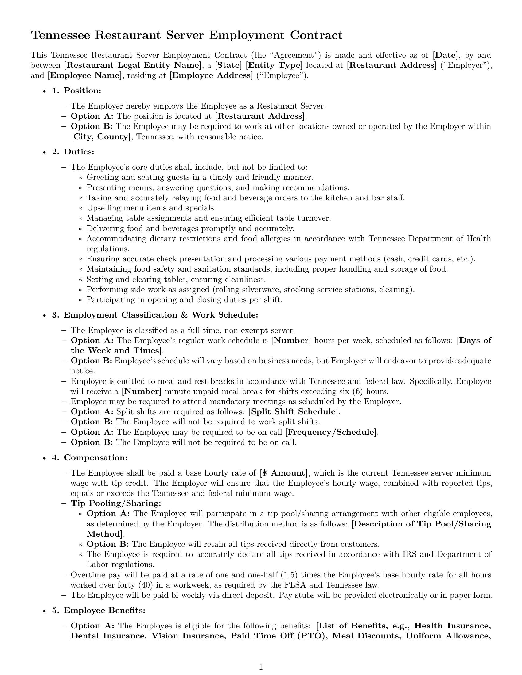 Preview page 1 of Free Tennessee restaurant server employment contract template