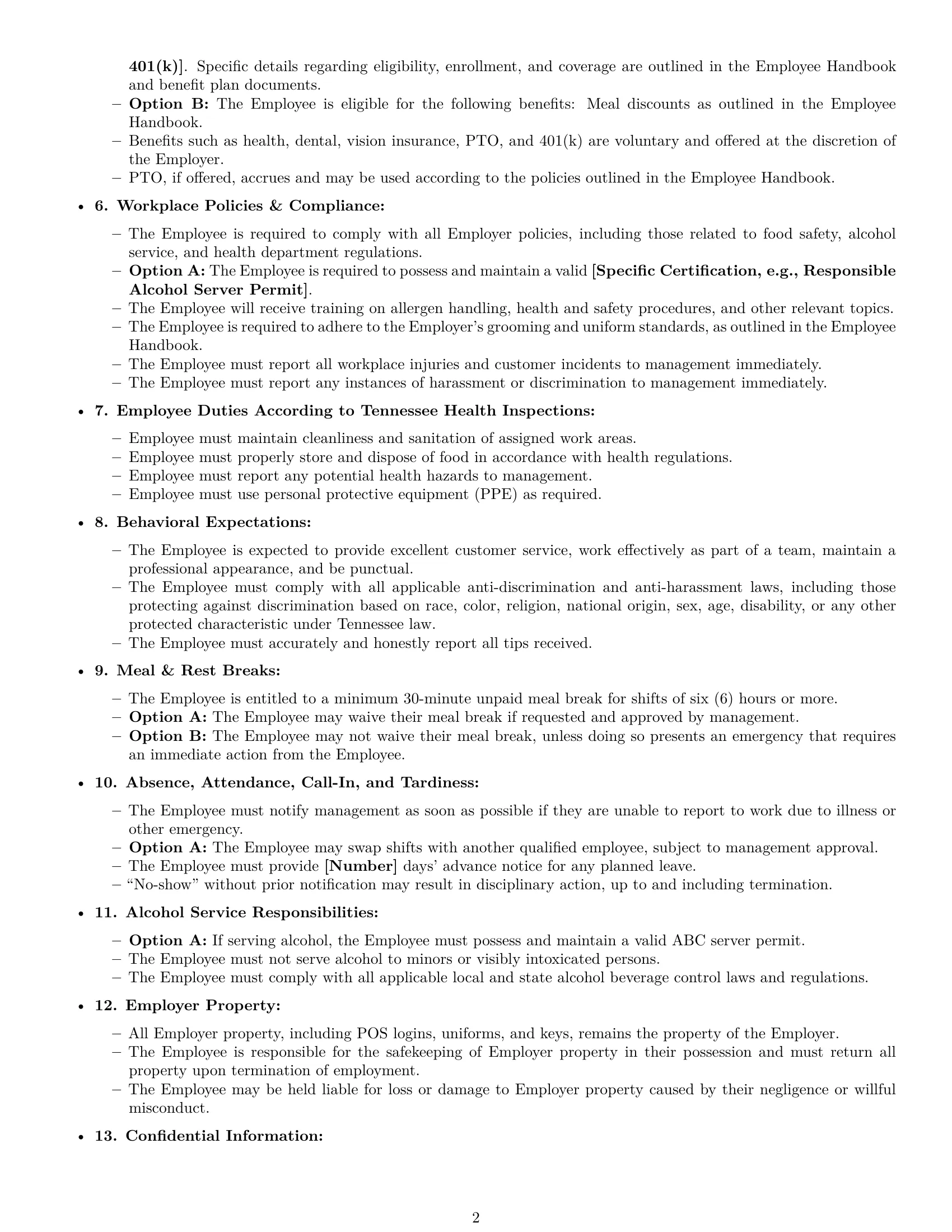 Preview page 2 of Free Tennessee restaurant server employment contract template