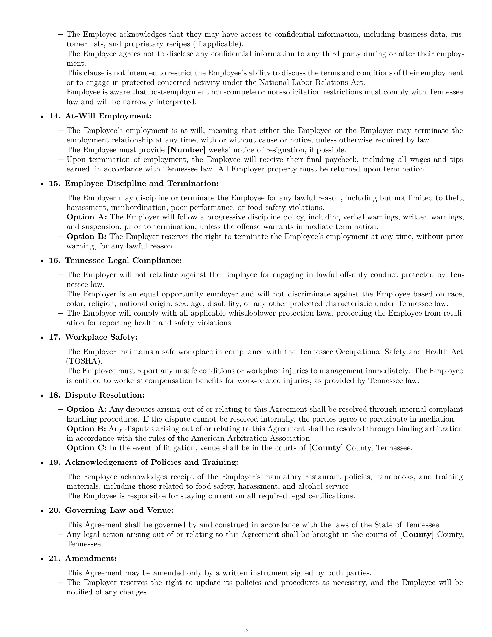 Preview page 3 of Free Tennessee restaurant server employment contract template