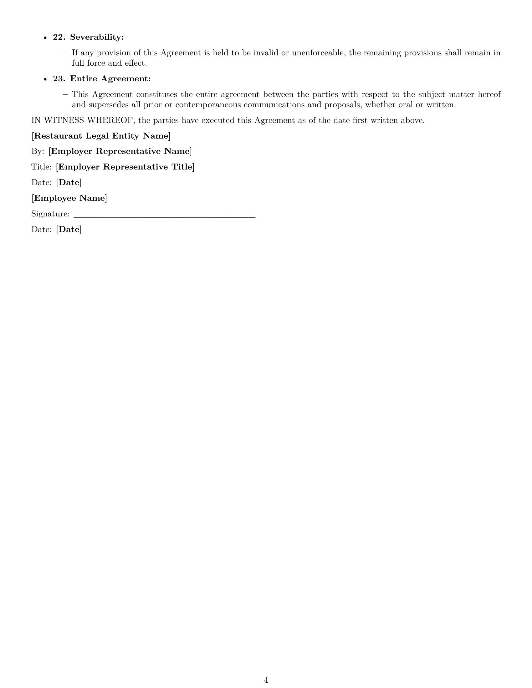 Preview page 4 of Free Tennessee restaurant server employment contract template