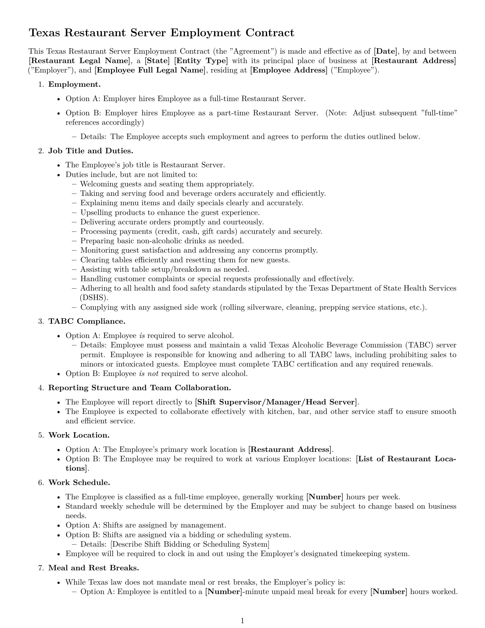 Preview page 1 of Free Texas restaurant server employment contract template