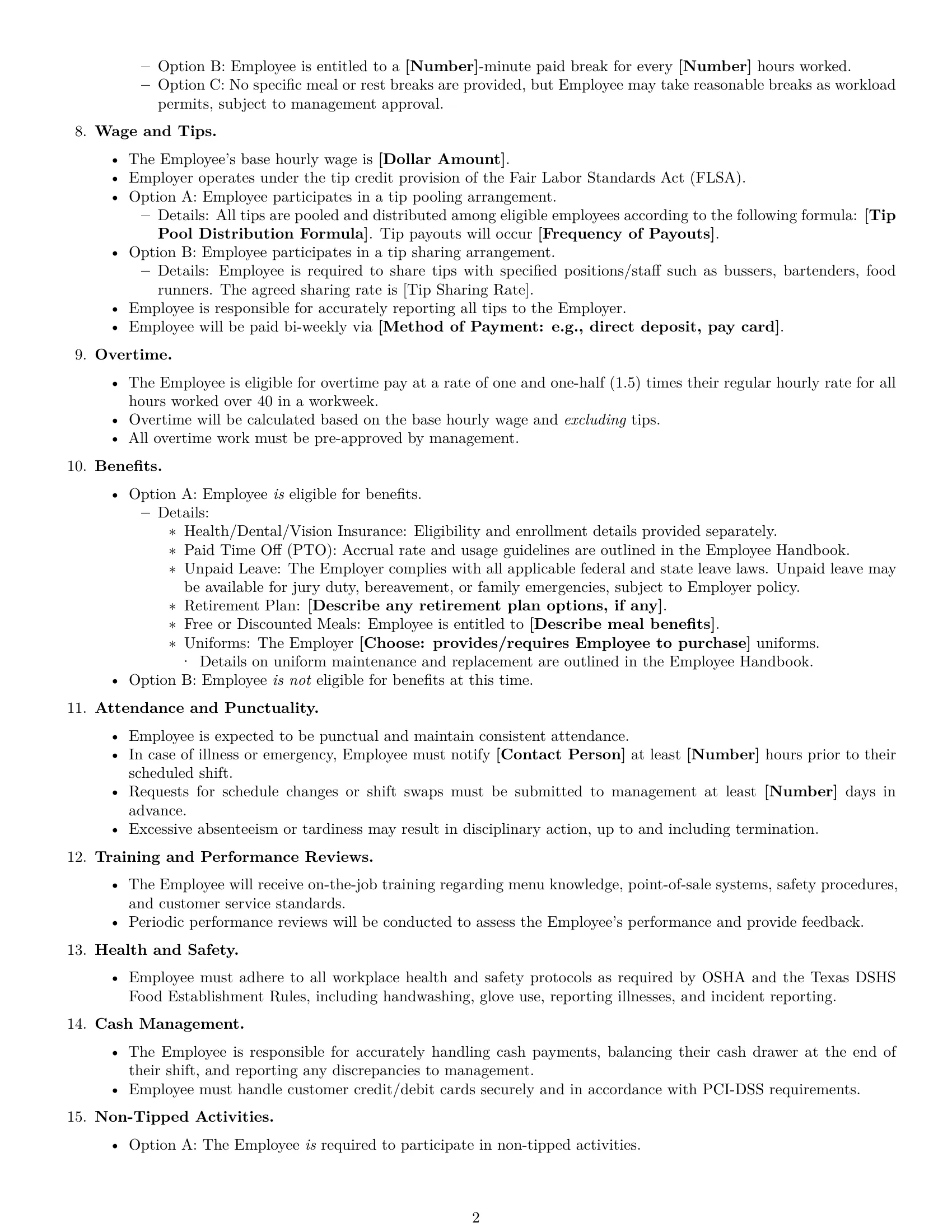 Preview page 2 of Free Texas restaurant server employment contract template