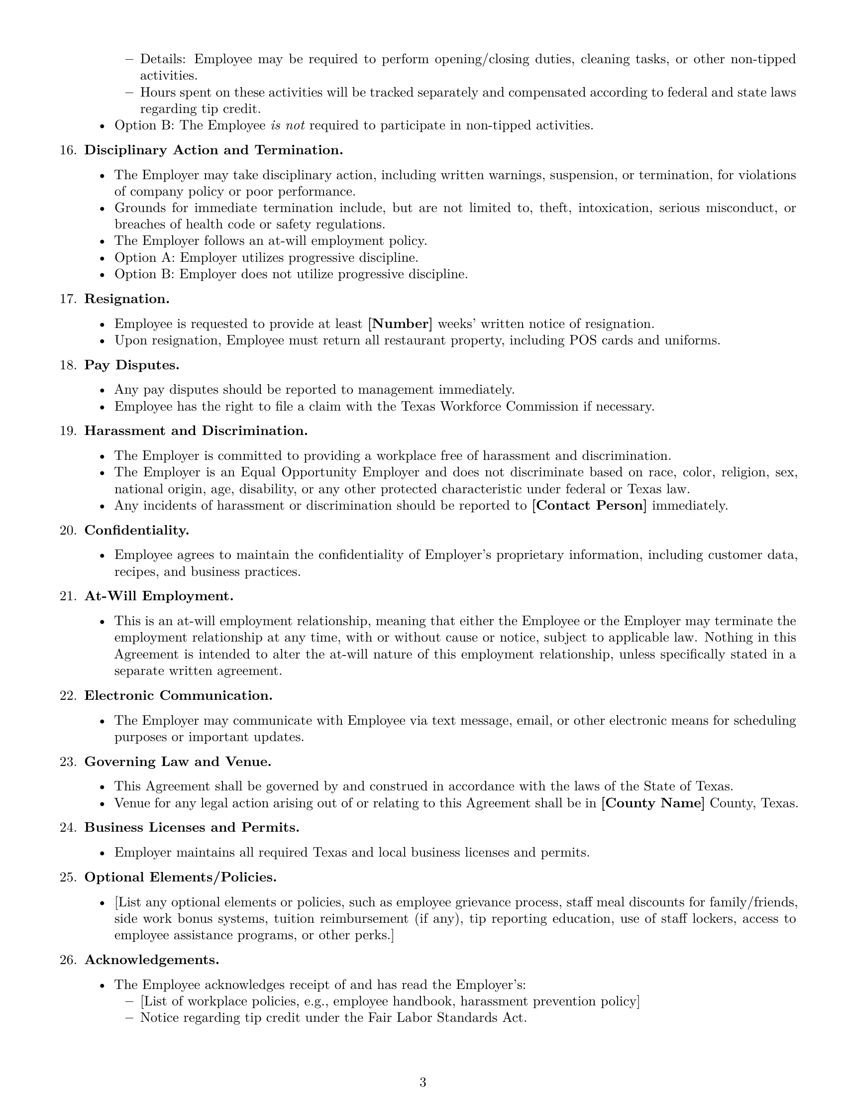 Preview page 3 of Free Texas restaurant server employment contract template