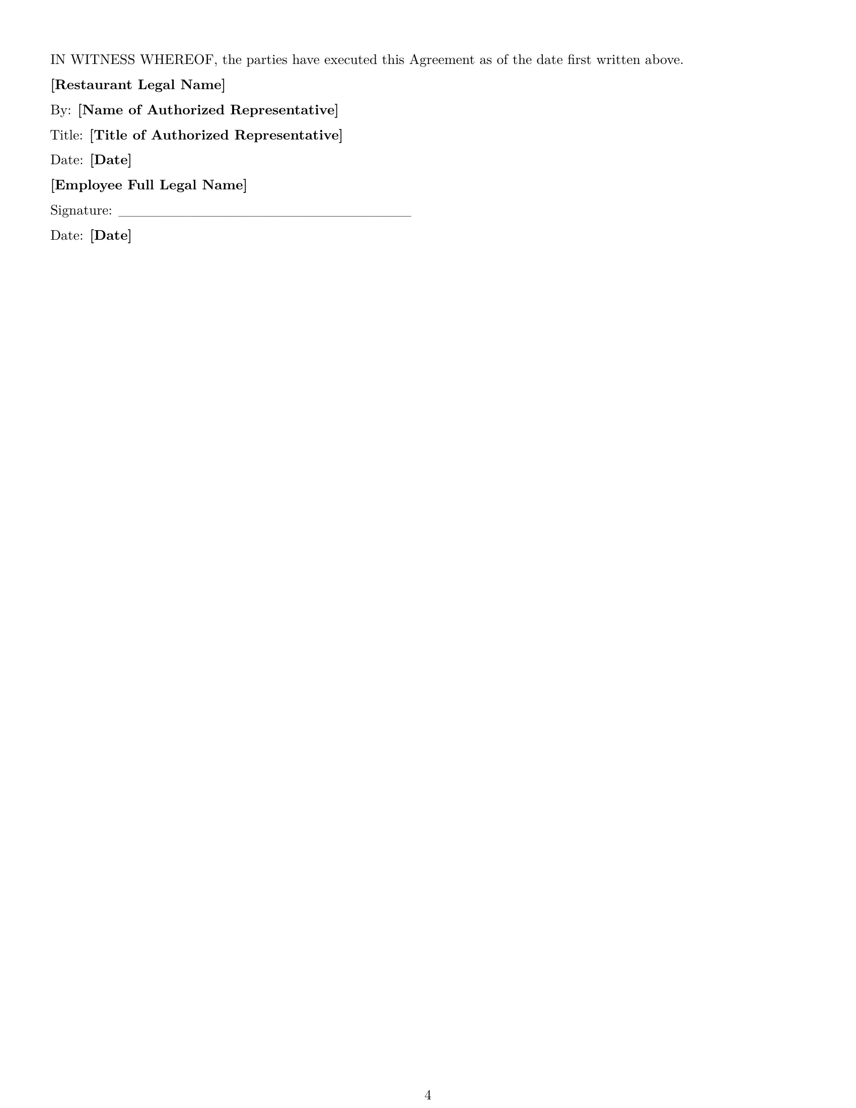 Preview page 4 of Free Texas restaurant server employment contract template