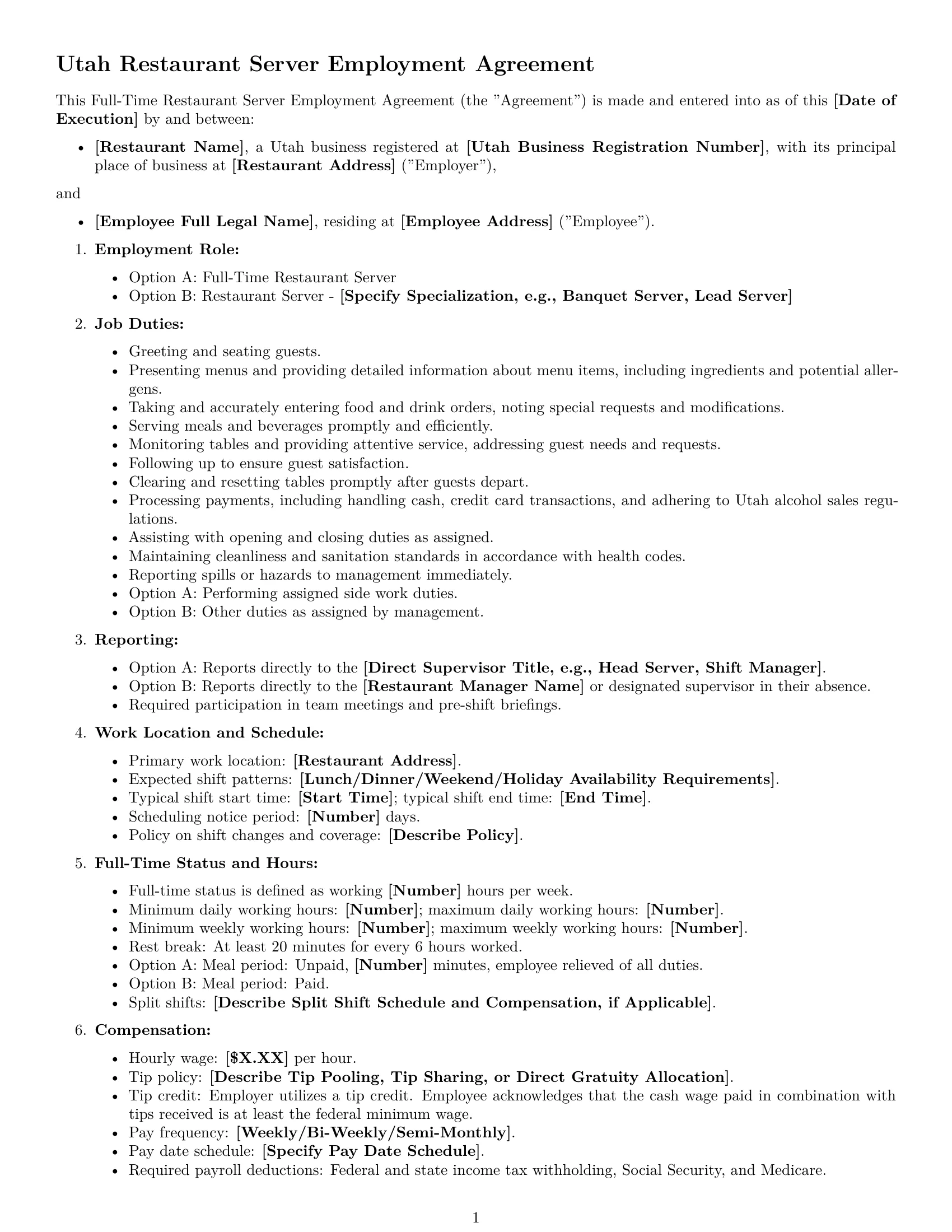 Preview page 1 of Free Utah restaurant server employment contract template