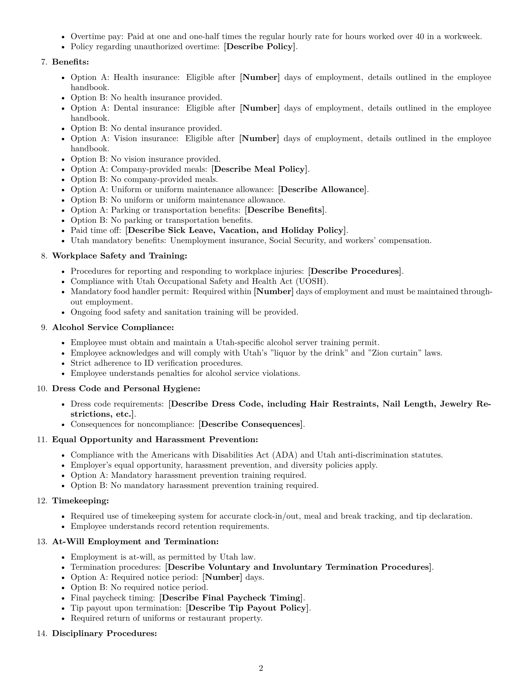 Preview page 2 of Free Utah restaurant server employment contract template
