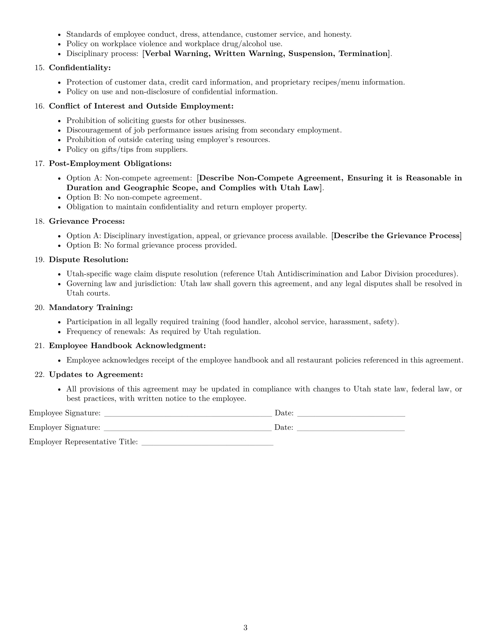 Preview page 3 of Free Utah restaurant server employment contract template