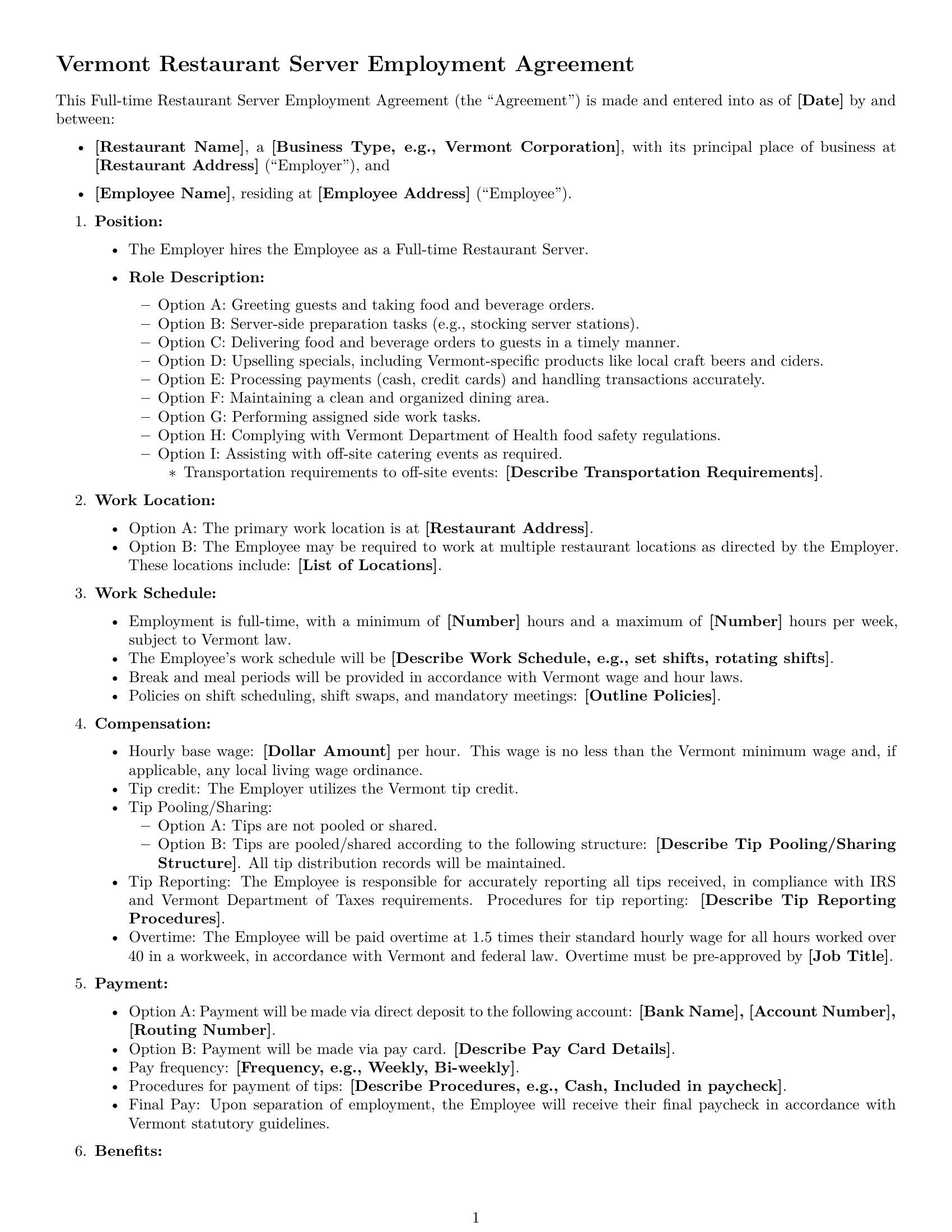 Preview page 1 of Free Vermont restaurant server employment contract template