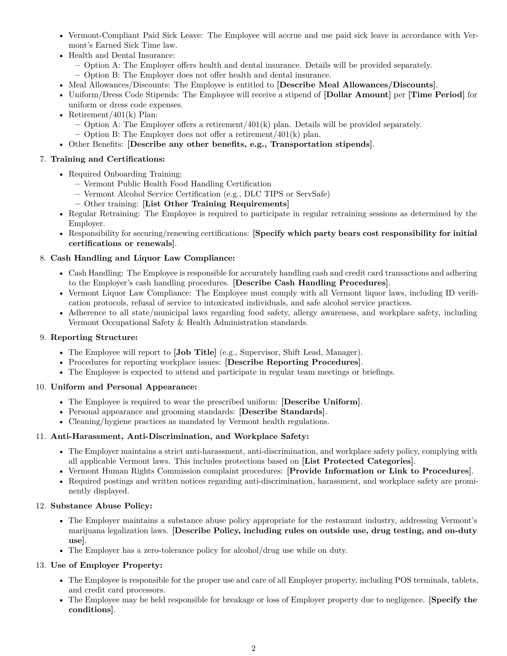 Preview page 2 of Free Vermont restaurant server employment contract template