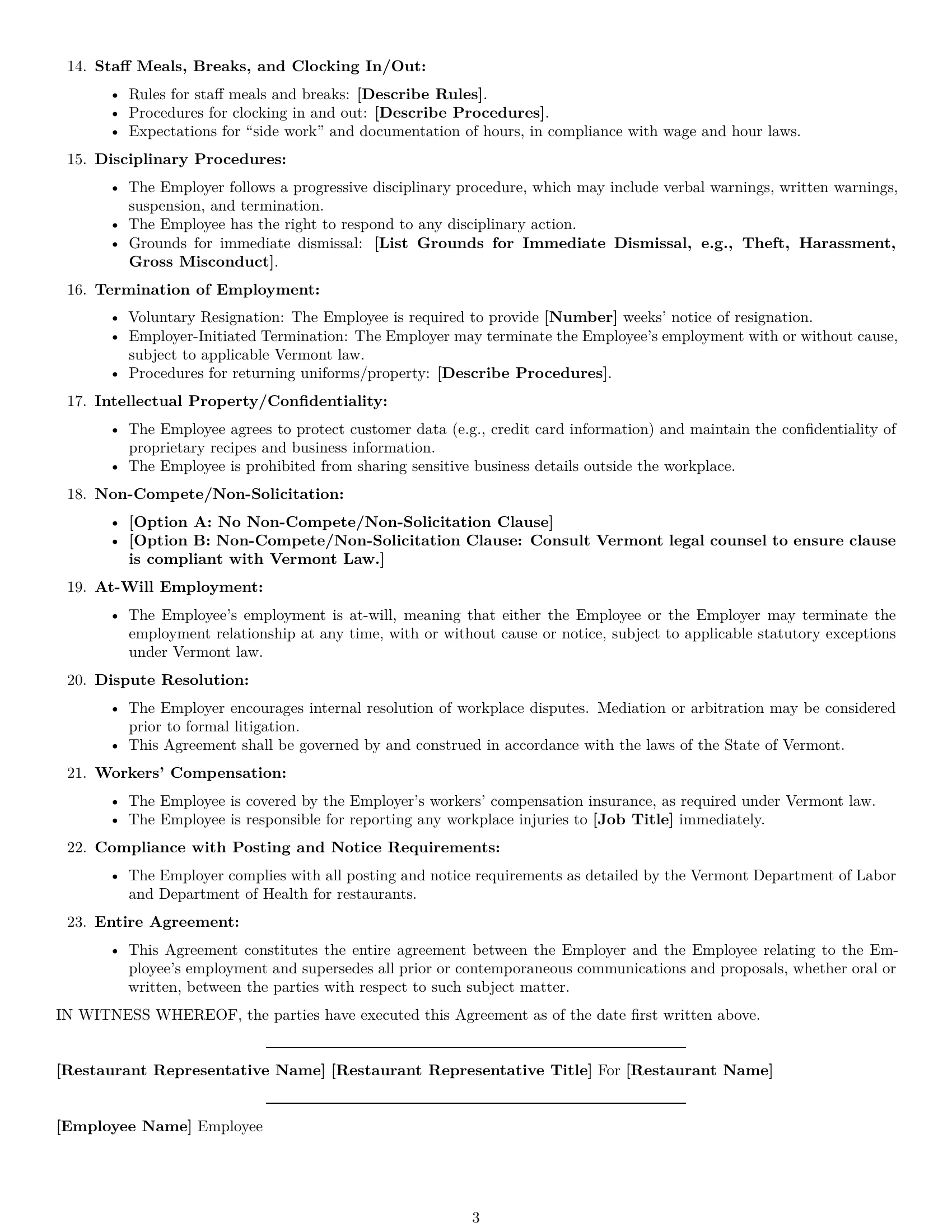 Preview page 3 of Free Vermont restaurant server employment contract template