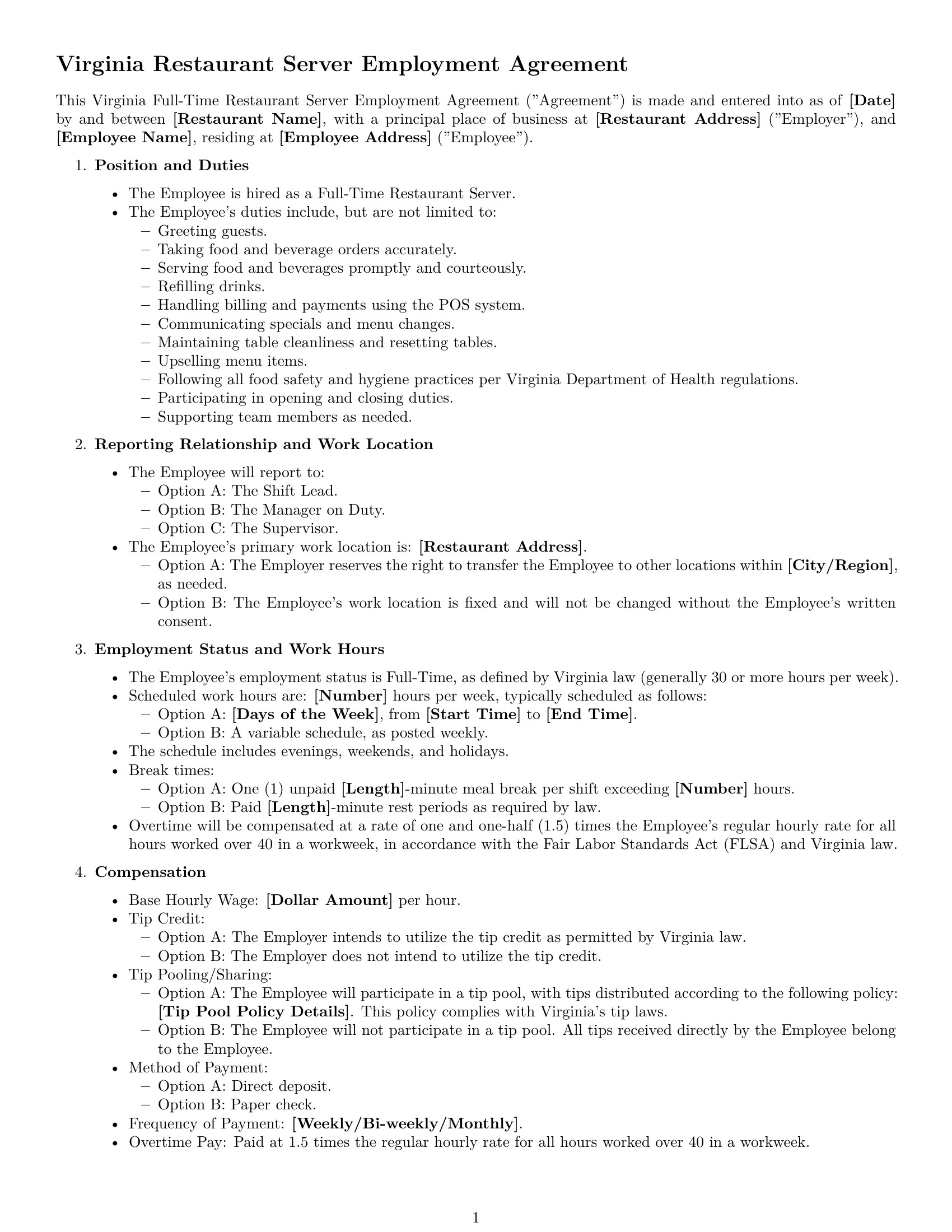 Preview page 1 of Free Virginia restaurant server employment contract template