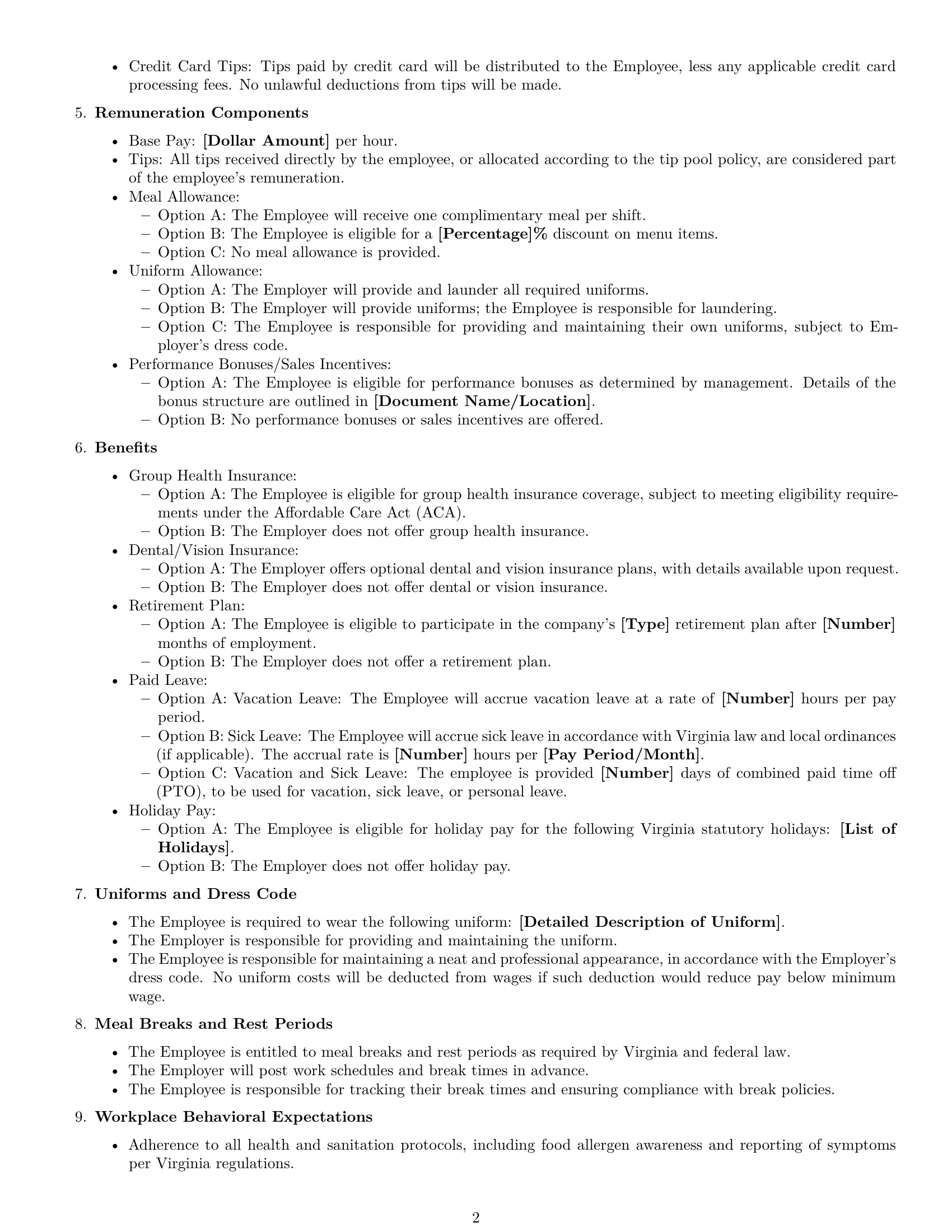 Preview page 2 of Free Virginia restaurant server employment contract template