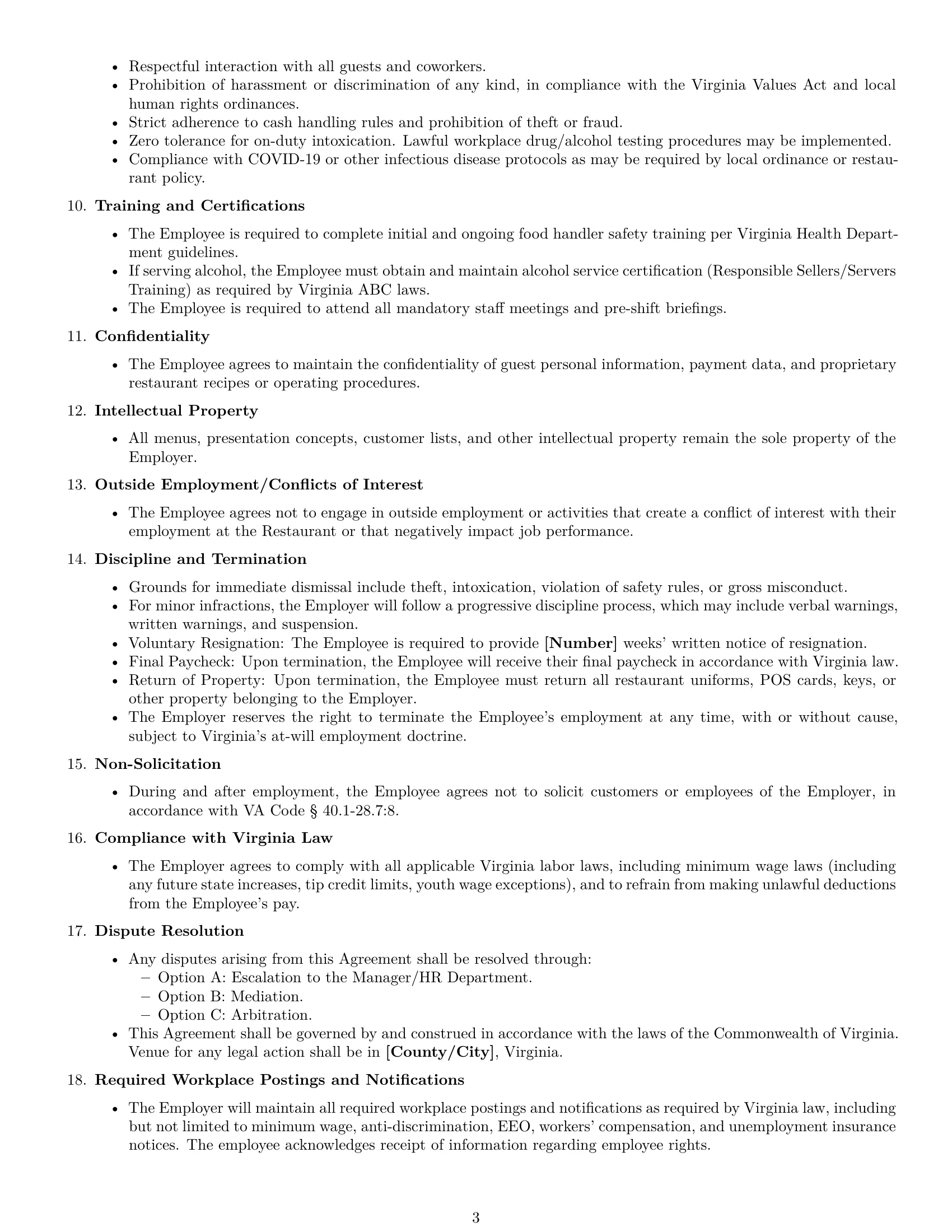 Preview page 3 of Free Virginia restaurant server employment contract template