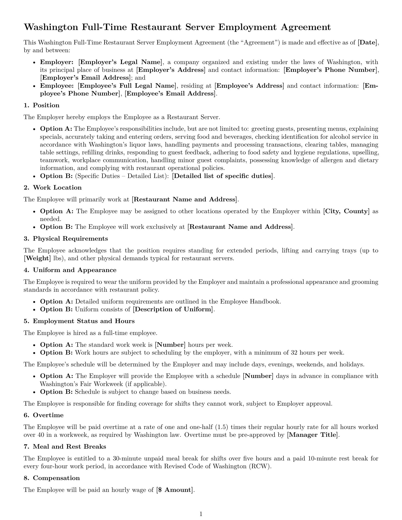 Preview page 1 of Free Washington restaurant server employment contract template