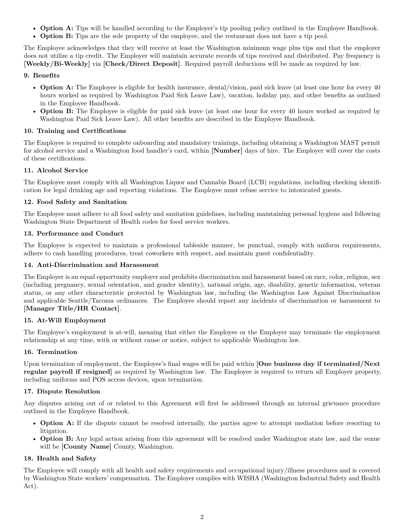 Preview page 2 of Free Washington restaurant server employment contract template