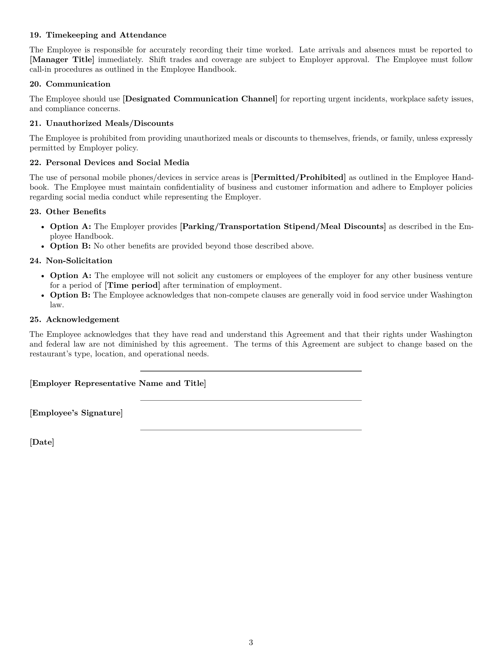 Preview page 3 of Free Washington restaurant server employment contract template