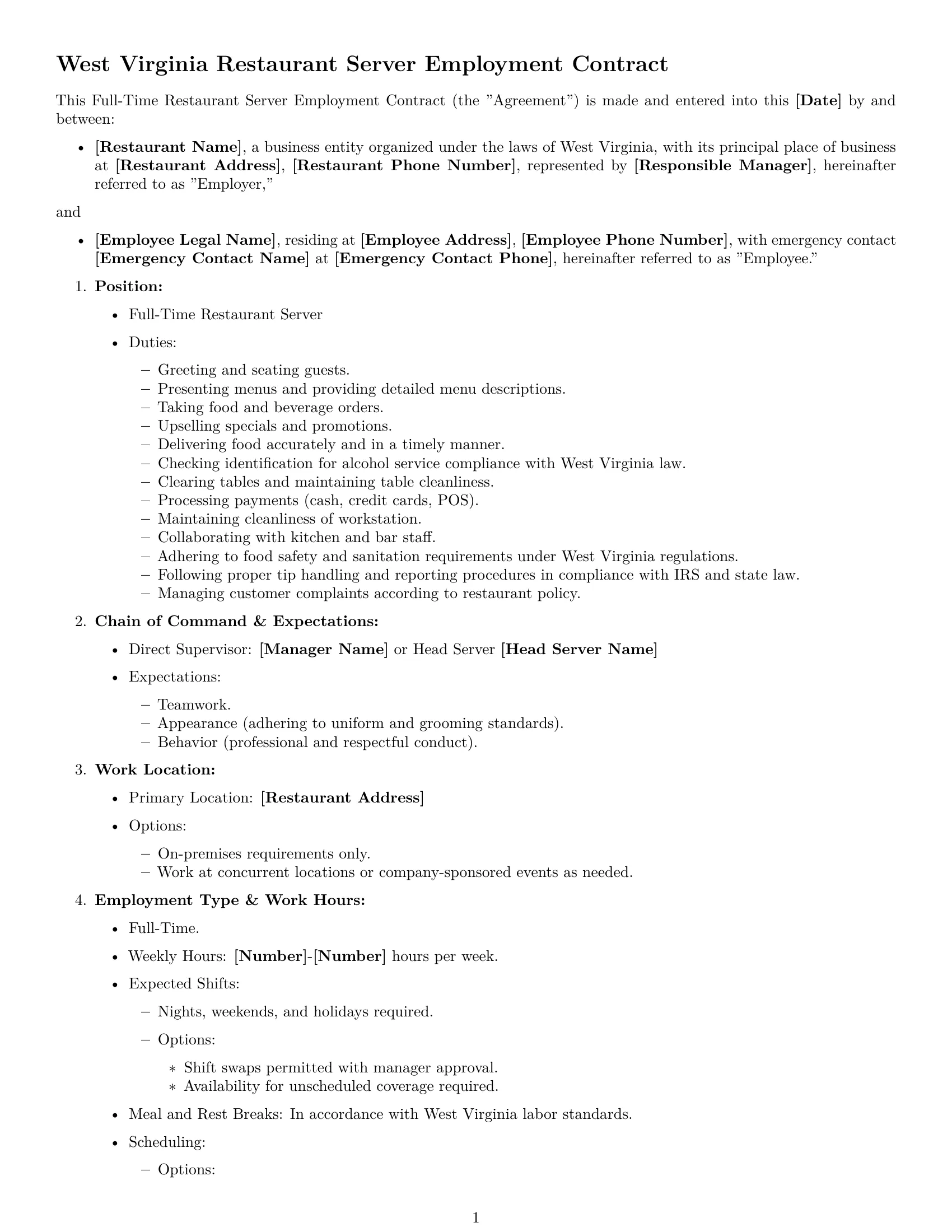 Preview page 1 of Free West Virginia restaurant server employment contract template