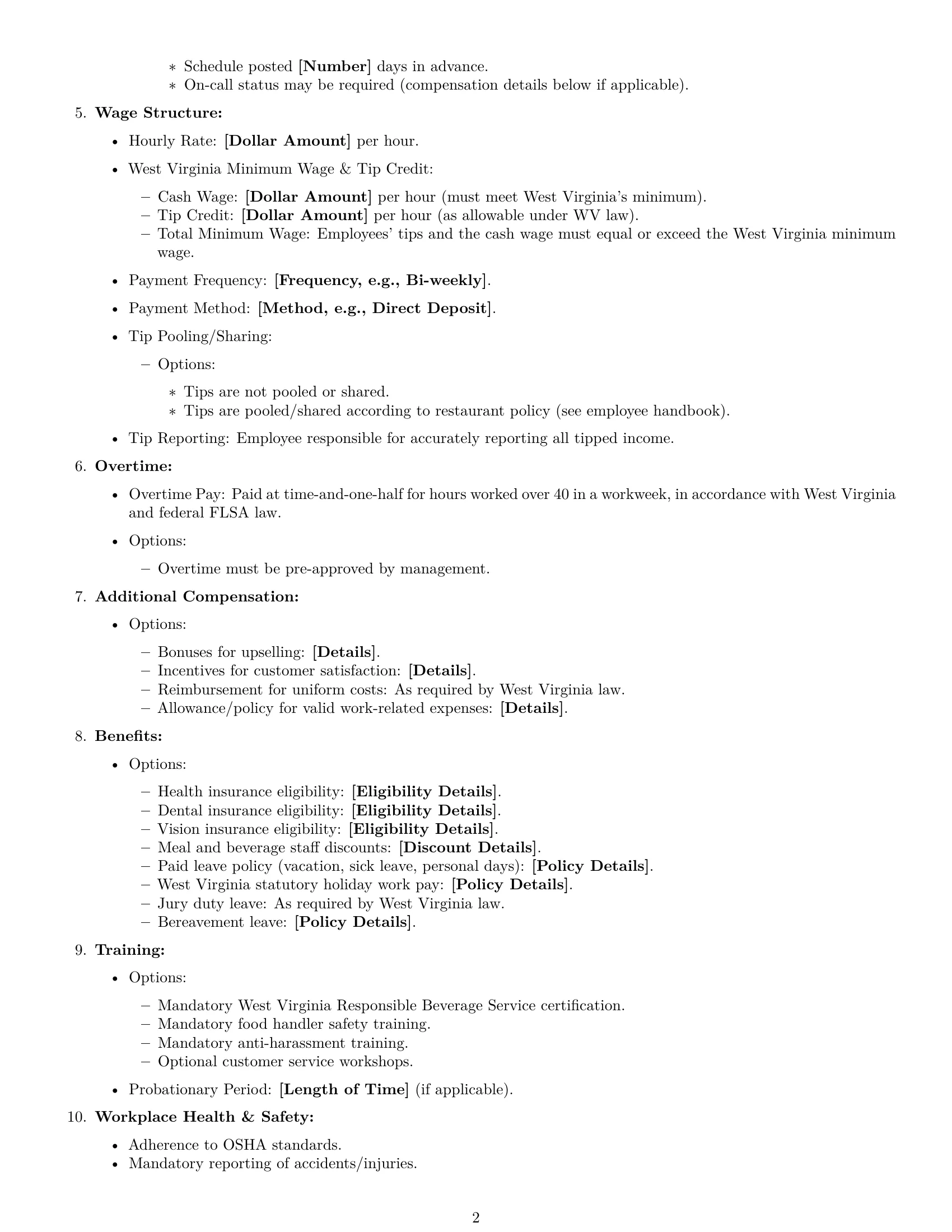 Preview page 2 of Free West Virginia restaurant server employment contract template