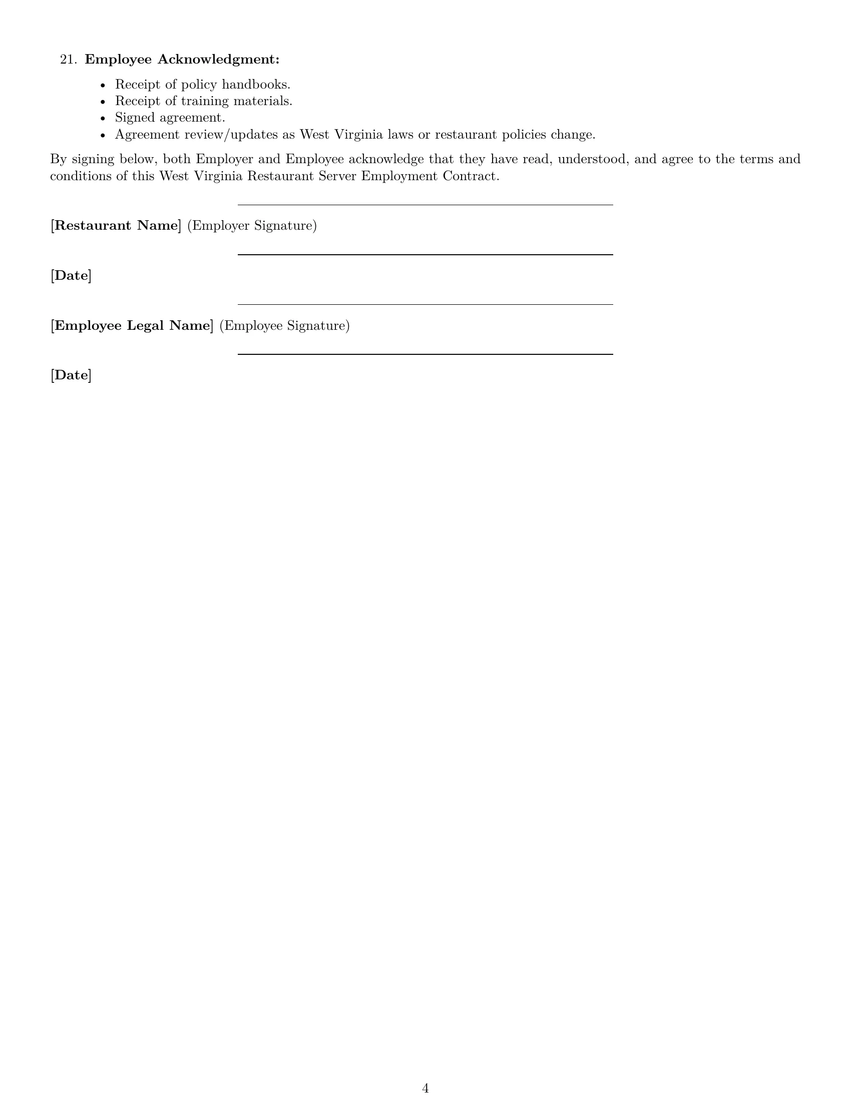 Preview page 4 of Free West Virginia restaurant server employment contract template