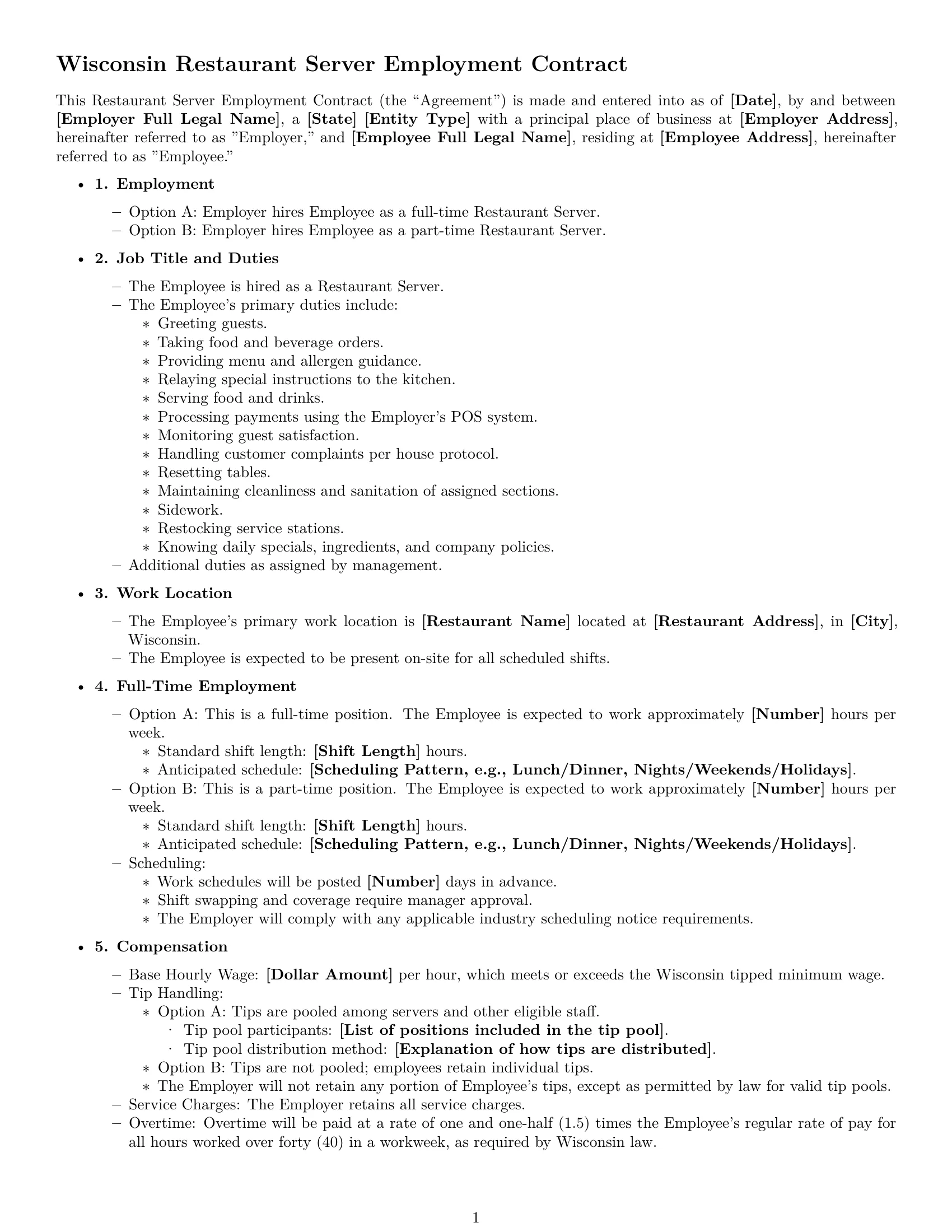 Preview page 1 of Free Wisconsin restaurant server employment contract template