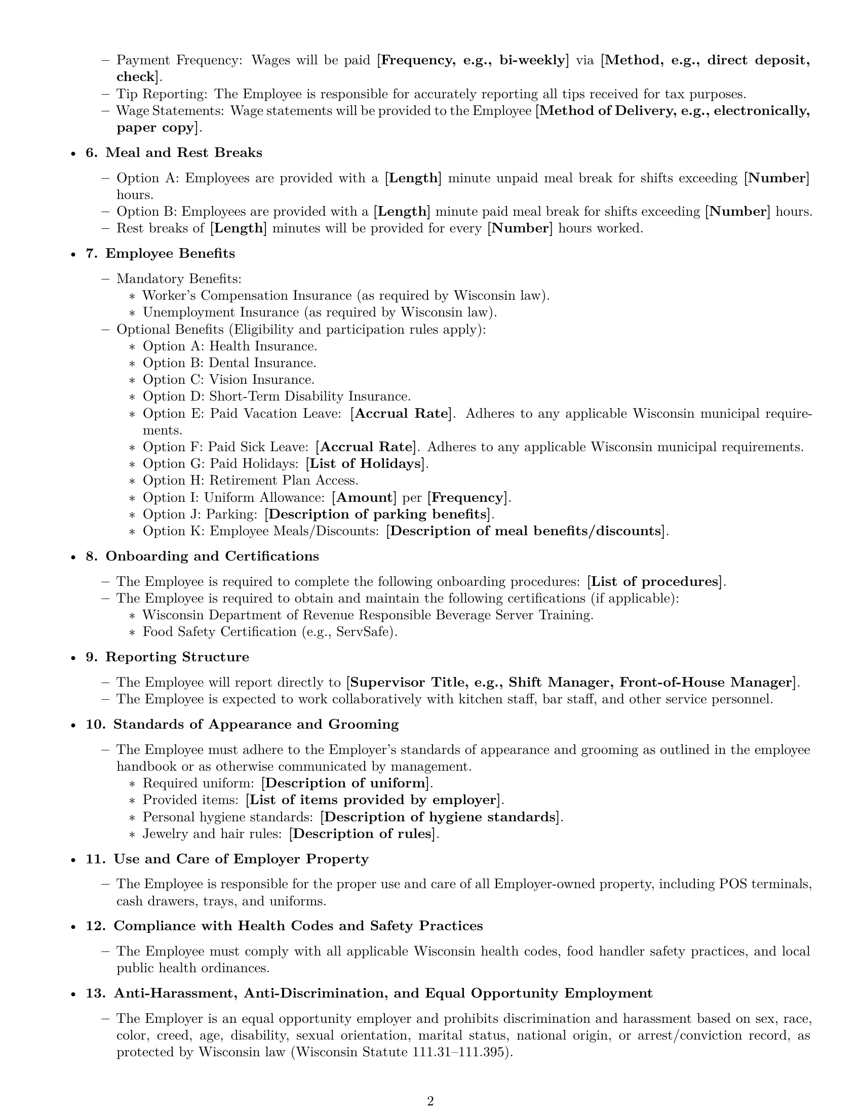 Preview page 2 of Free Wisconsin restaurant server employment contract template
