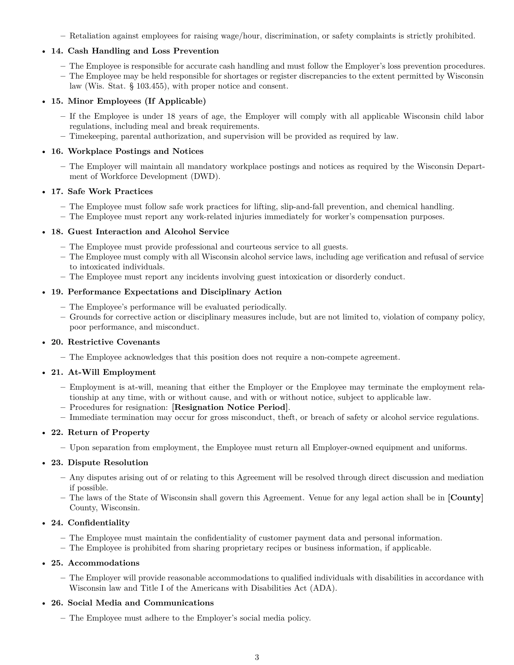 Preview page 3 of Free Wisconsin restaurant server employment contract template