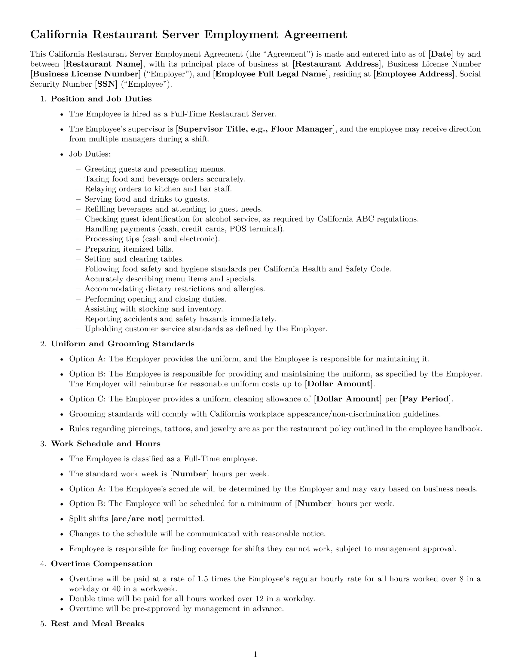 Preview page 1 of Free California restaurant server employment contract template