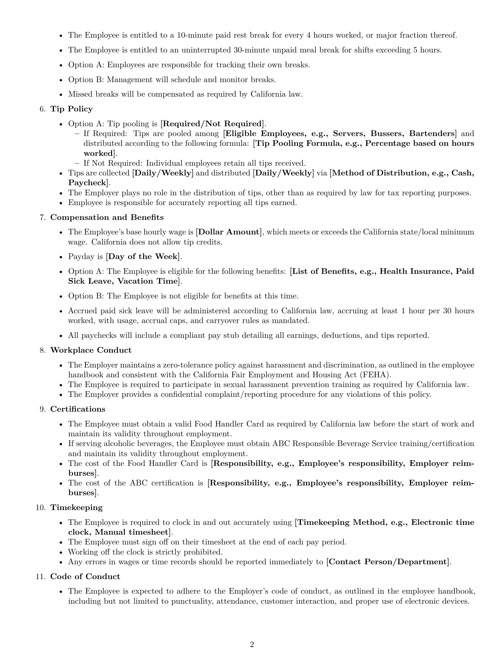 Preview page 2 of Free California restaurant server employment contract template