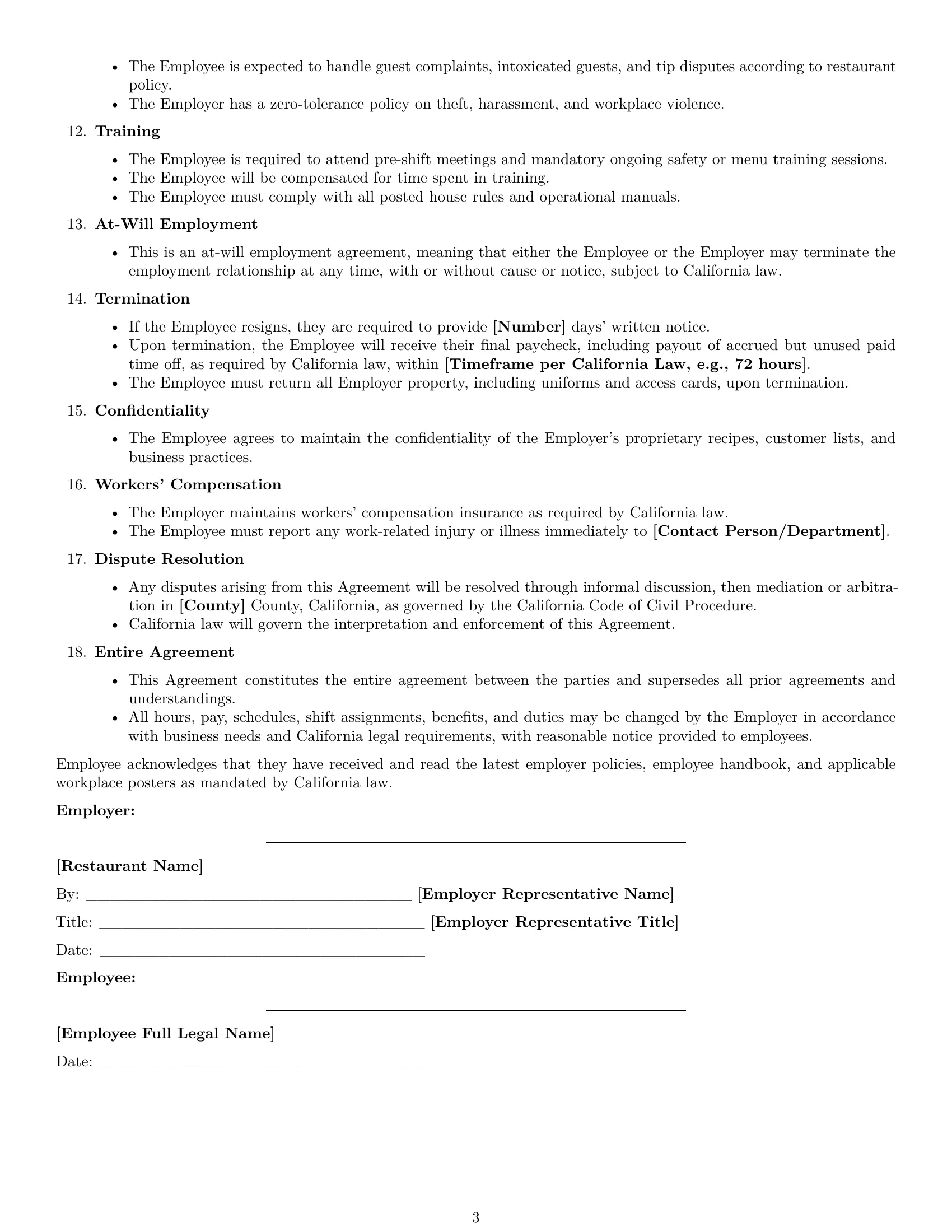 Preview page 3 of Free California restaurant server employment contract template