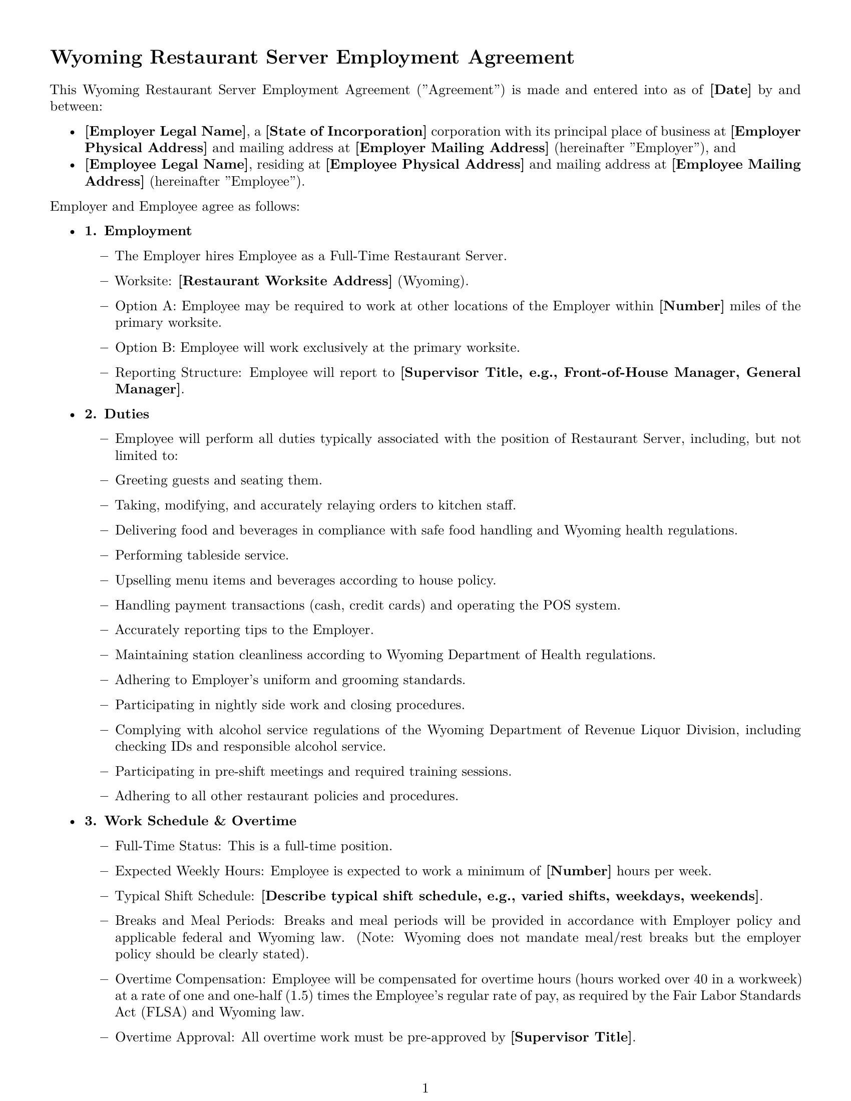 Preview page 1 of Free Wyoming restaurant server employment contract template