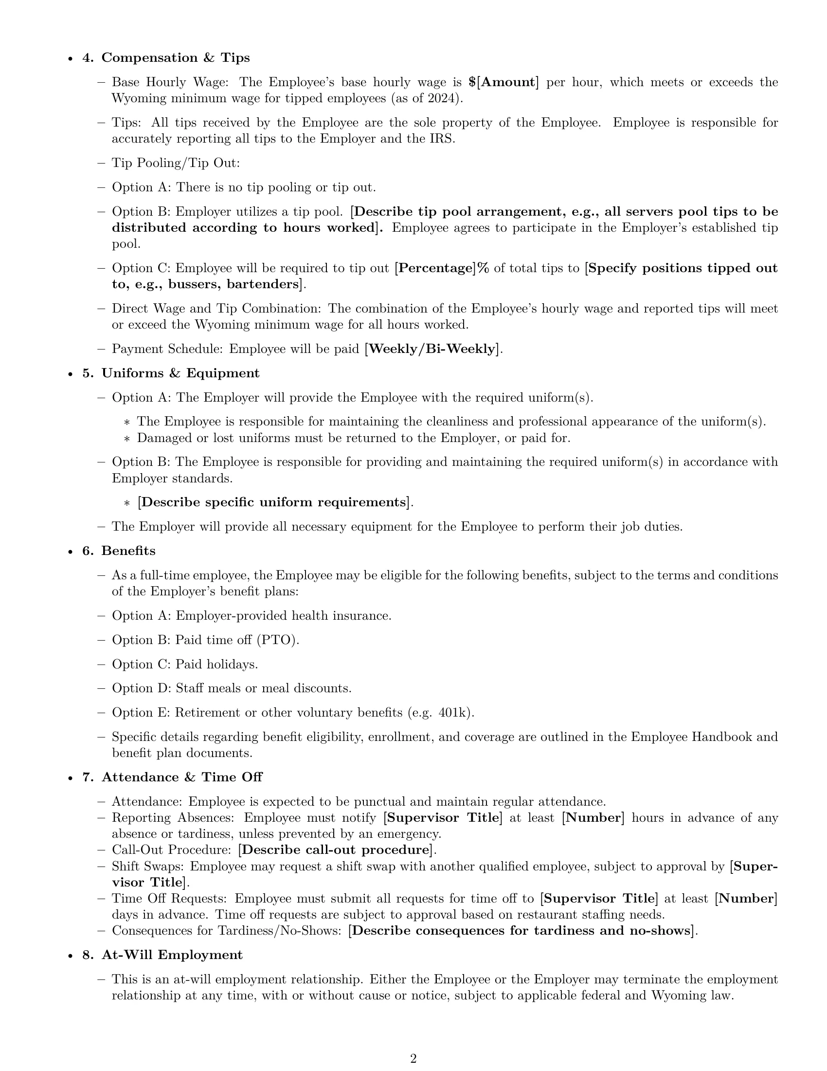 Preview page 2 of Free Wyoming restaurant server employment contract template