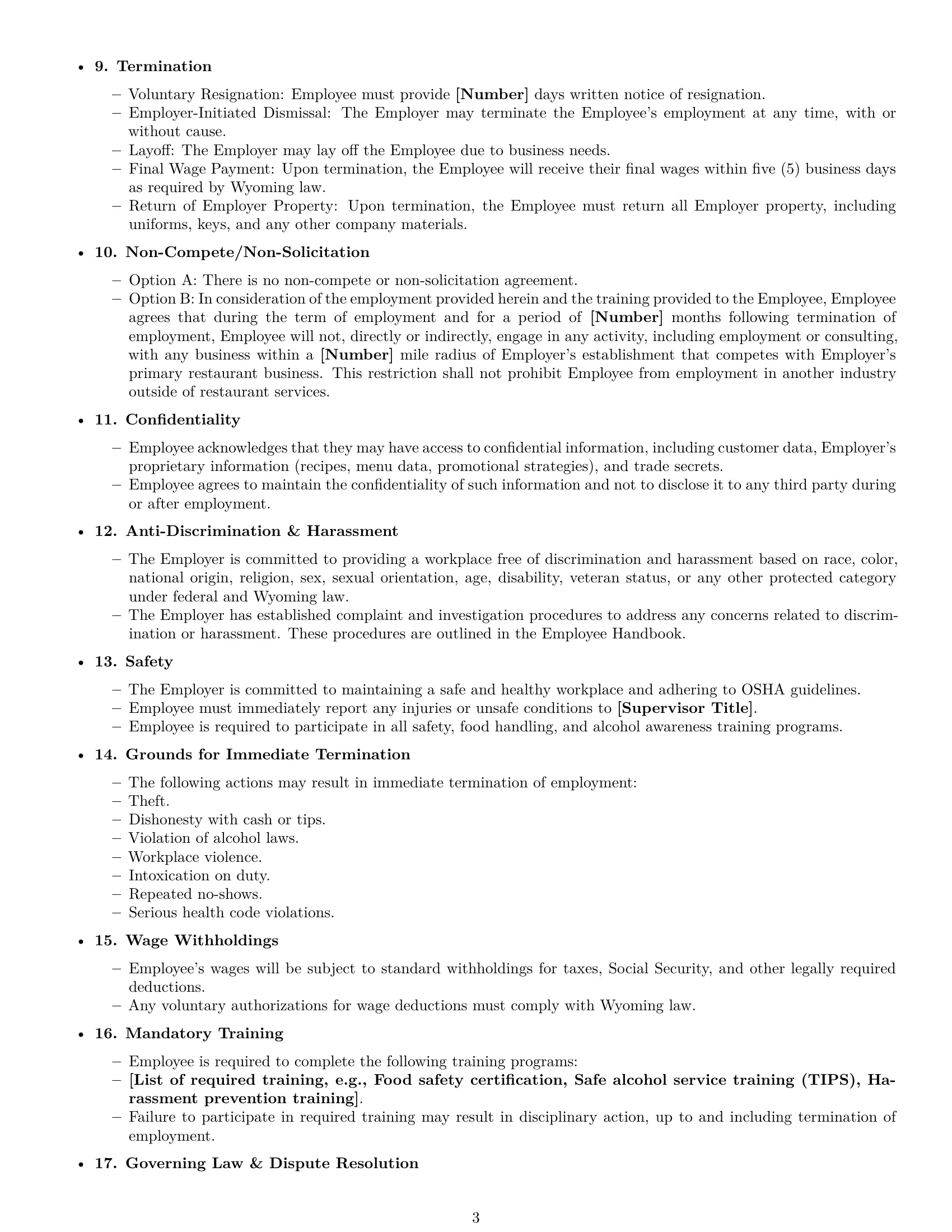 Preview page 3 of Free Wyoming restaurant server employment contract template