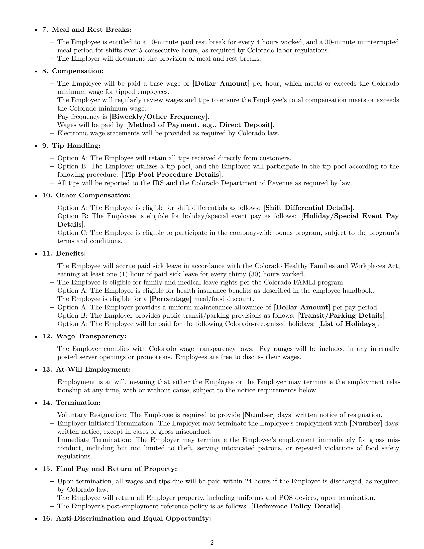 Preview page 2 of Free Colorado restaurant server employment contract template