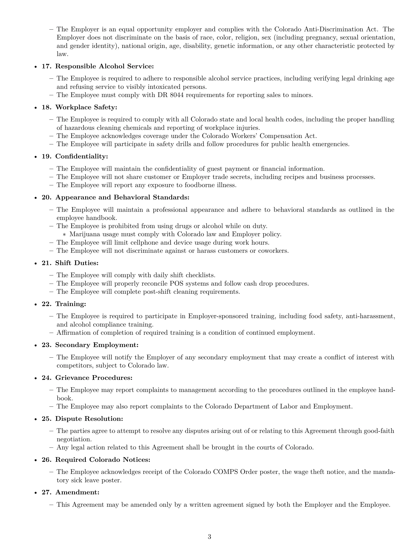 Preview page 3 of Free Colorado restaurant server employment contract template