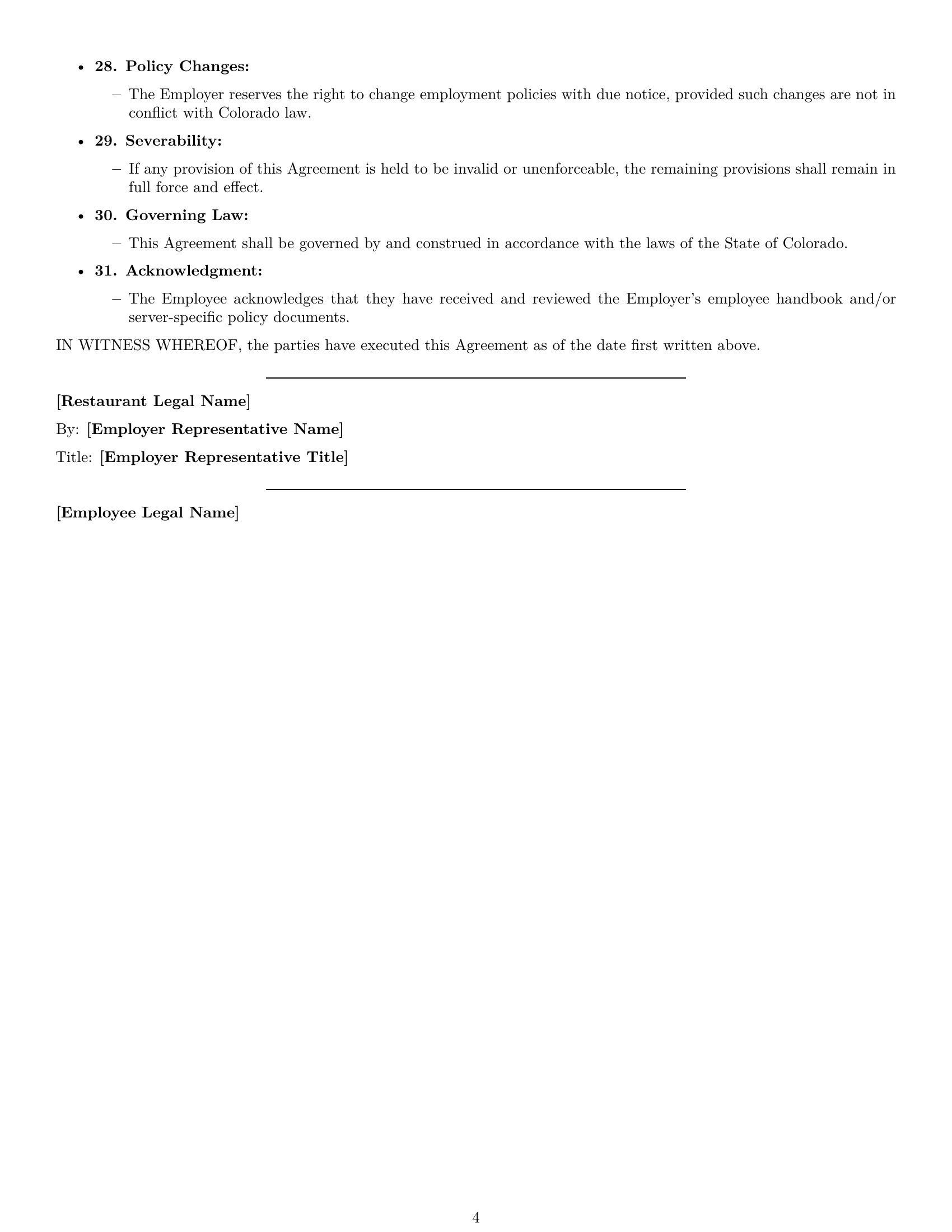 Preview page 4 of Free Colorado restaurant server employment contract template