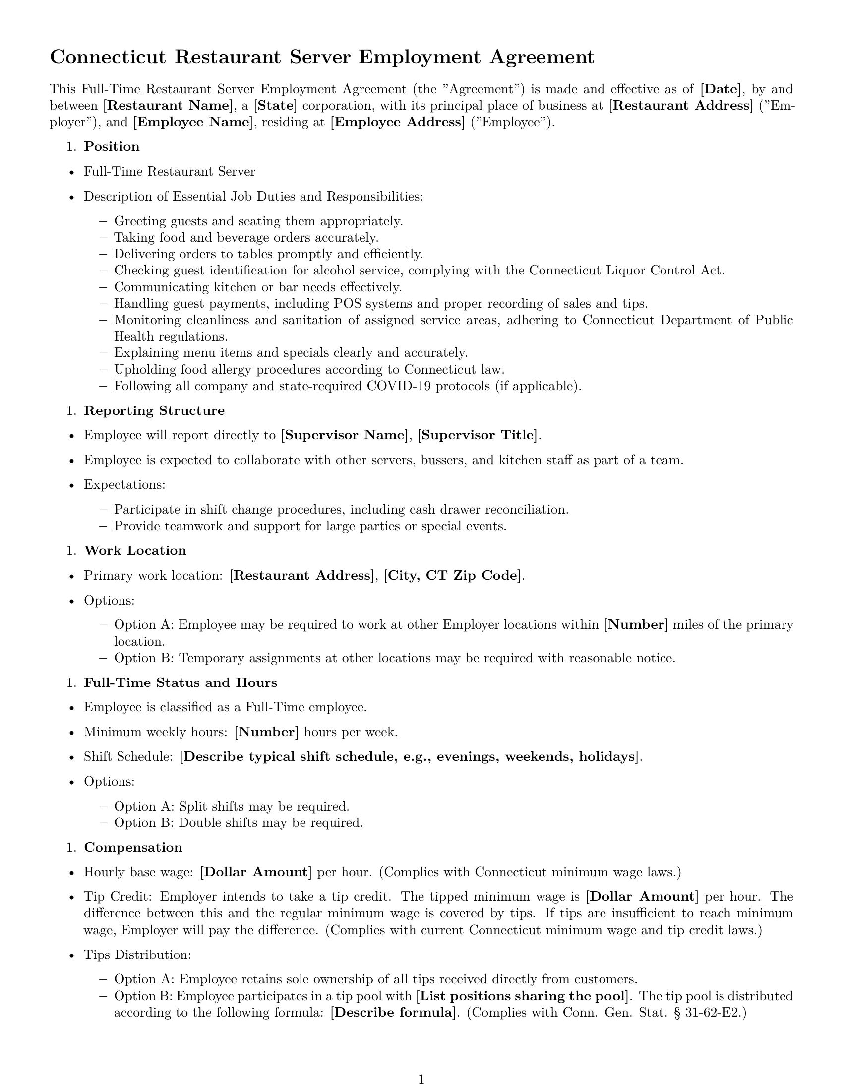 Preview page 1 of Free Connecticut restaurant server employment contract template
