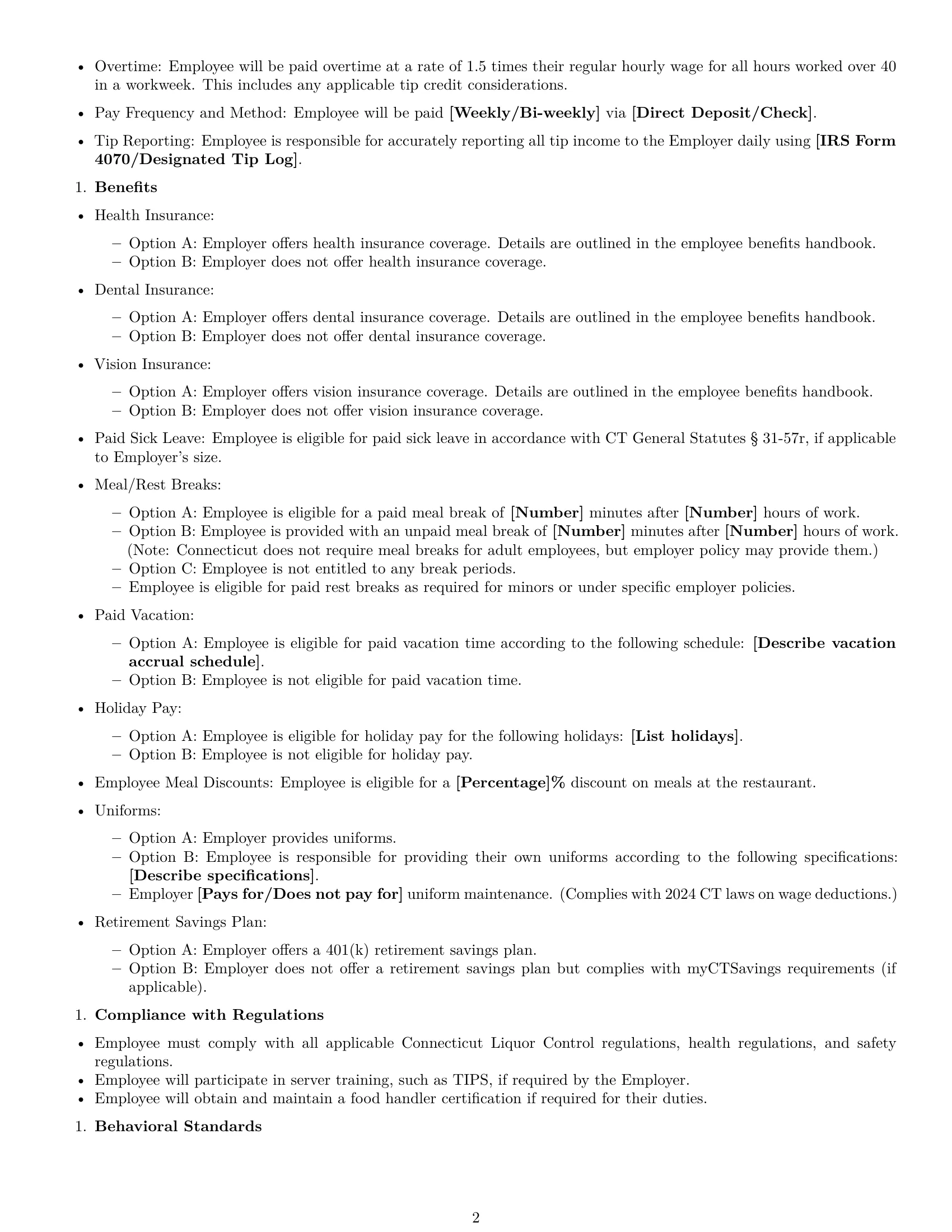 Preview page 2 of Free Connecticut restaurant server employment contract template