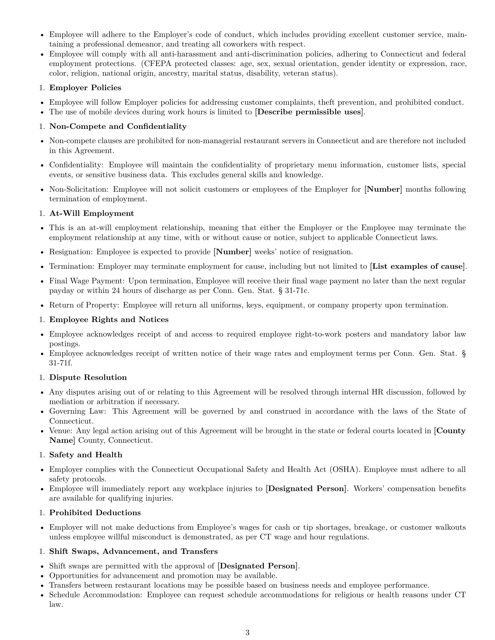 Preview page 3 of Free Connecticut restaurant server employment contract template
