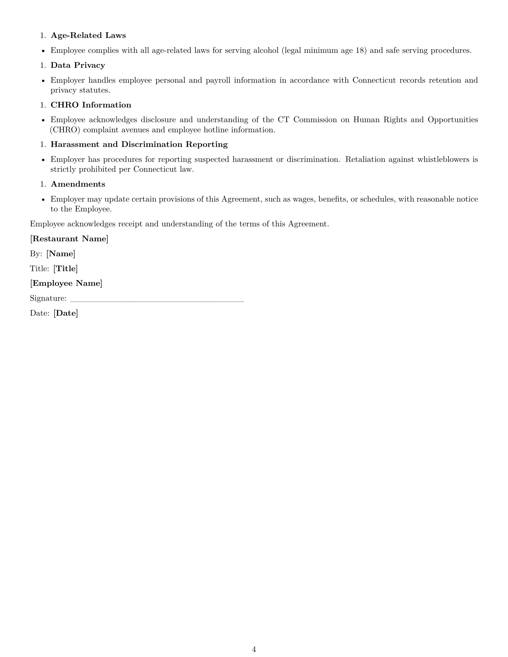 Preview page 4 of Free Connecticut restaurant server employment contract template