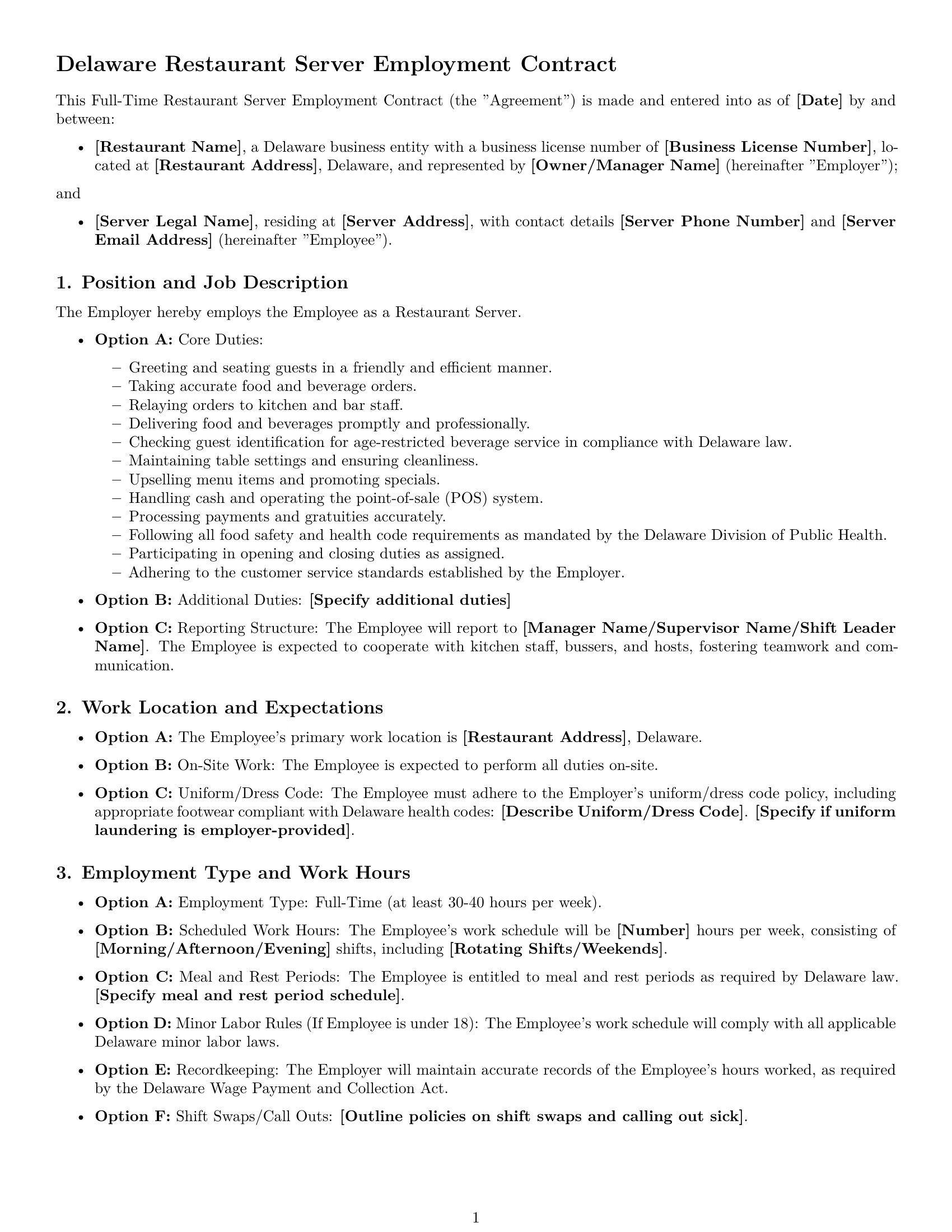 Preview page 1 of Free Delaware restaurant server employment contract template