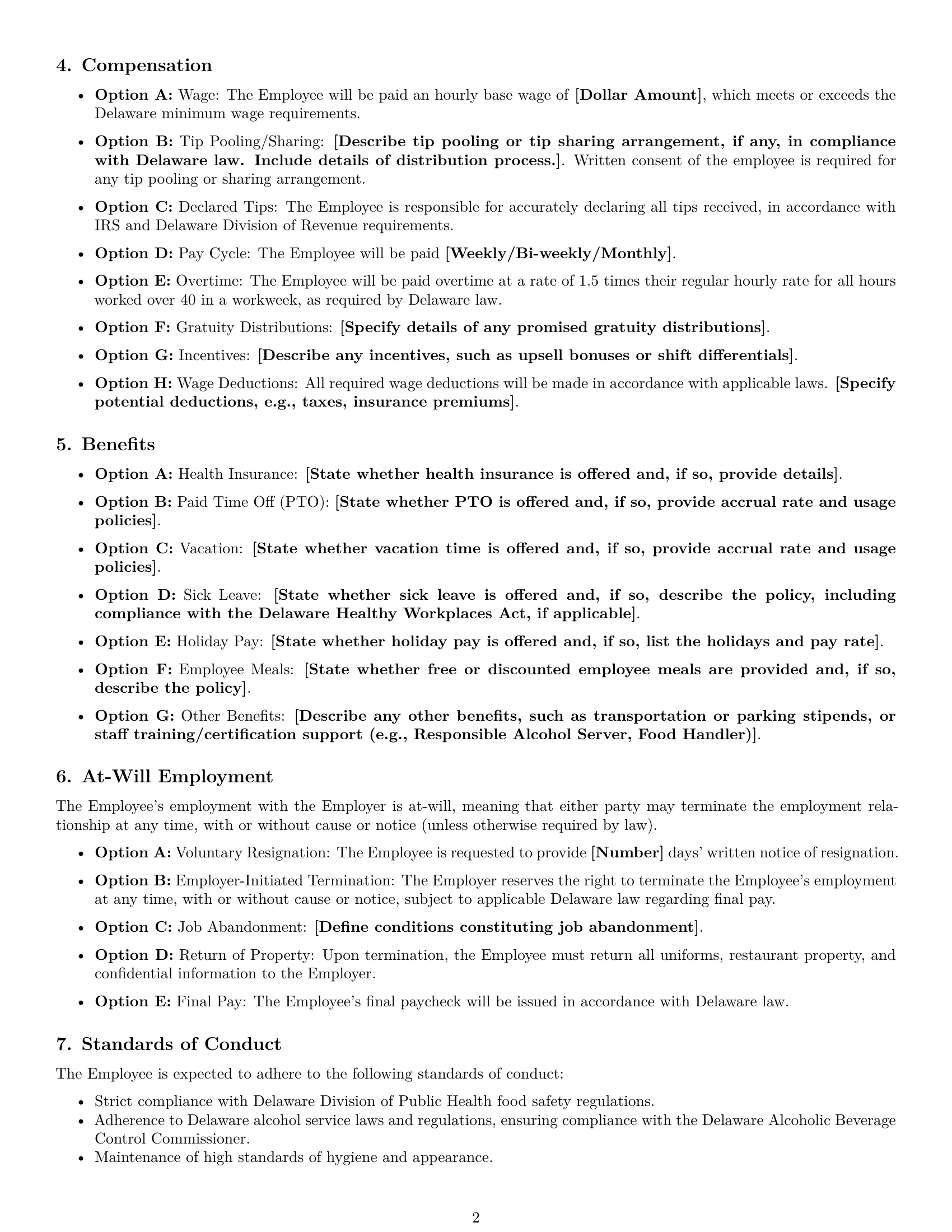 Preview page 2 of Free Delaware restaurant server employment contract template