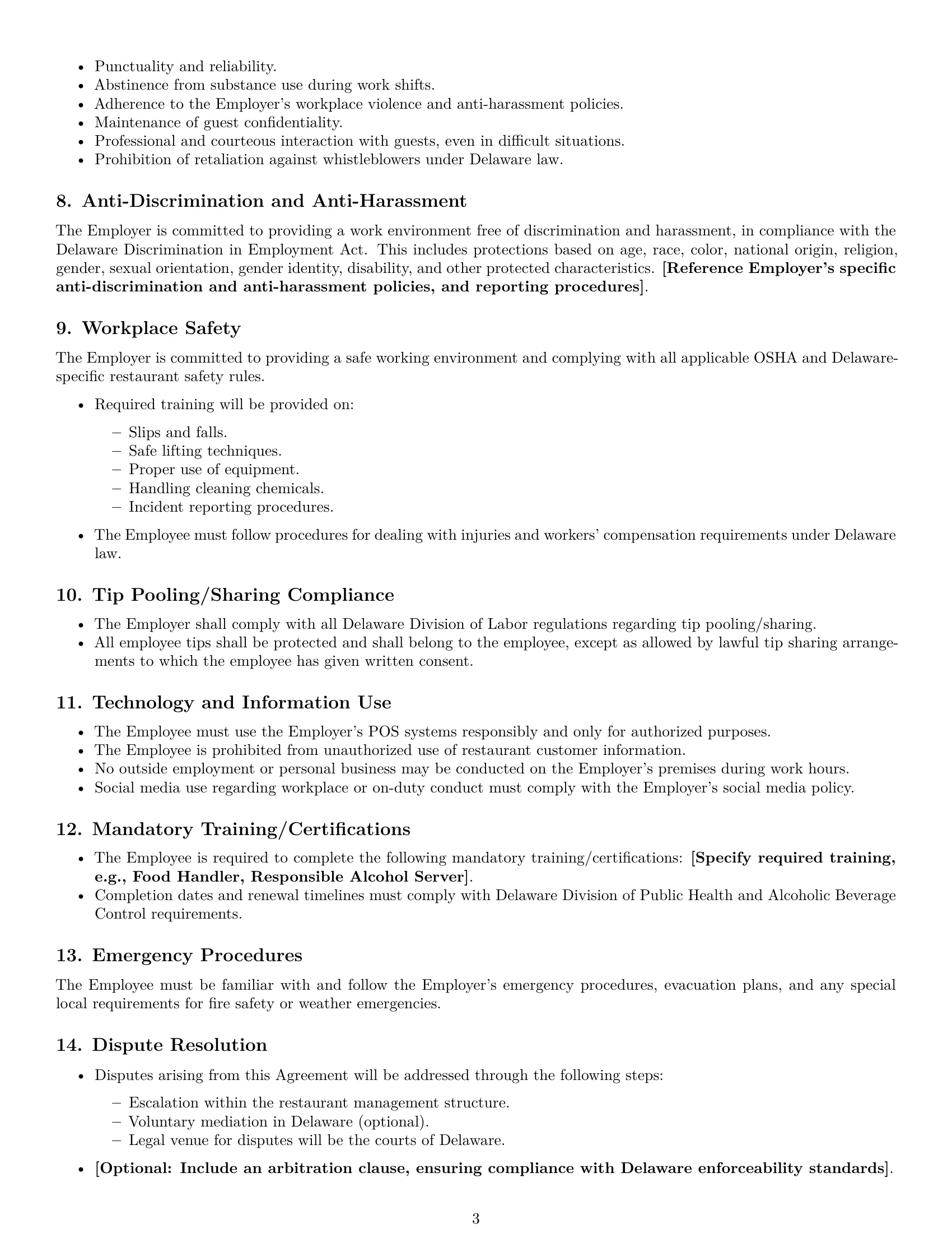 Preview page 3 of Free Delaware restaurant server employment contract template