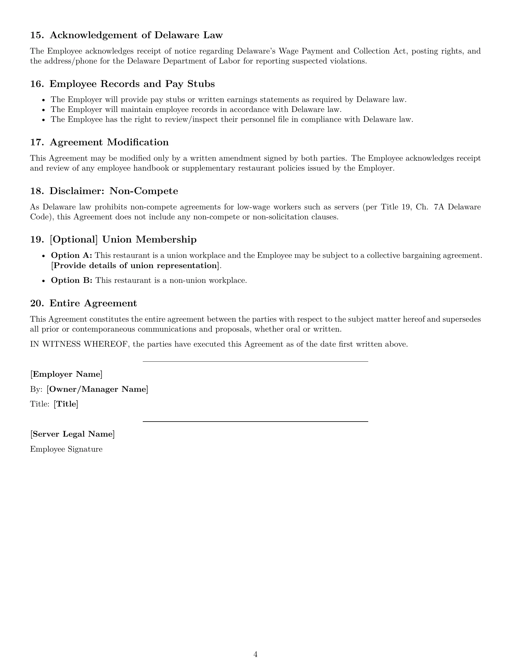 Preview page 4 of Free Delaware restaurant server employment contract template