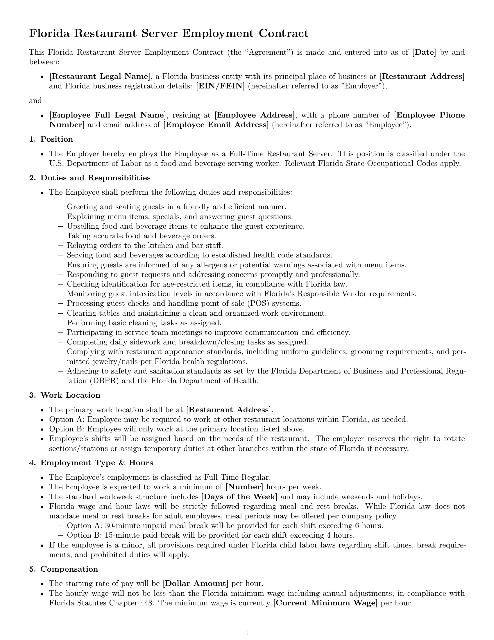 Preview page 1 of Free Florida restaurant server employment contract template