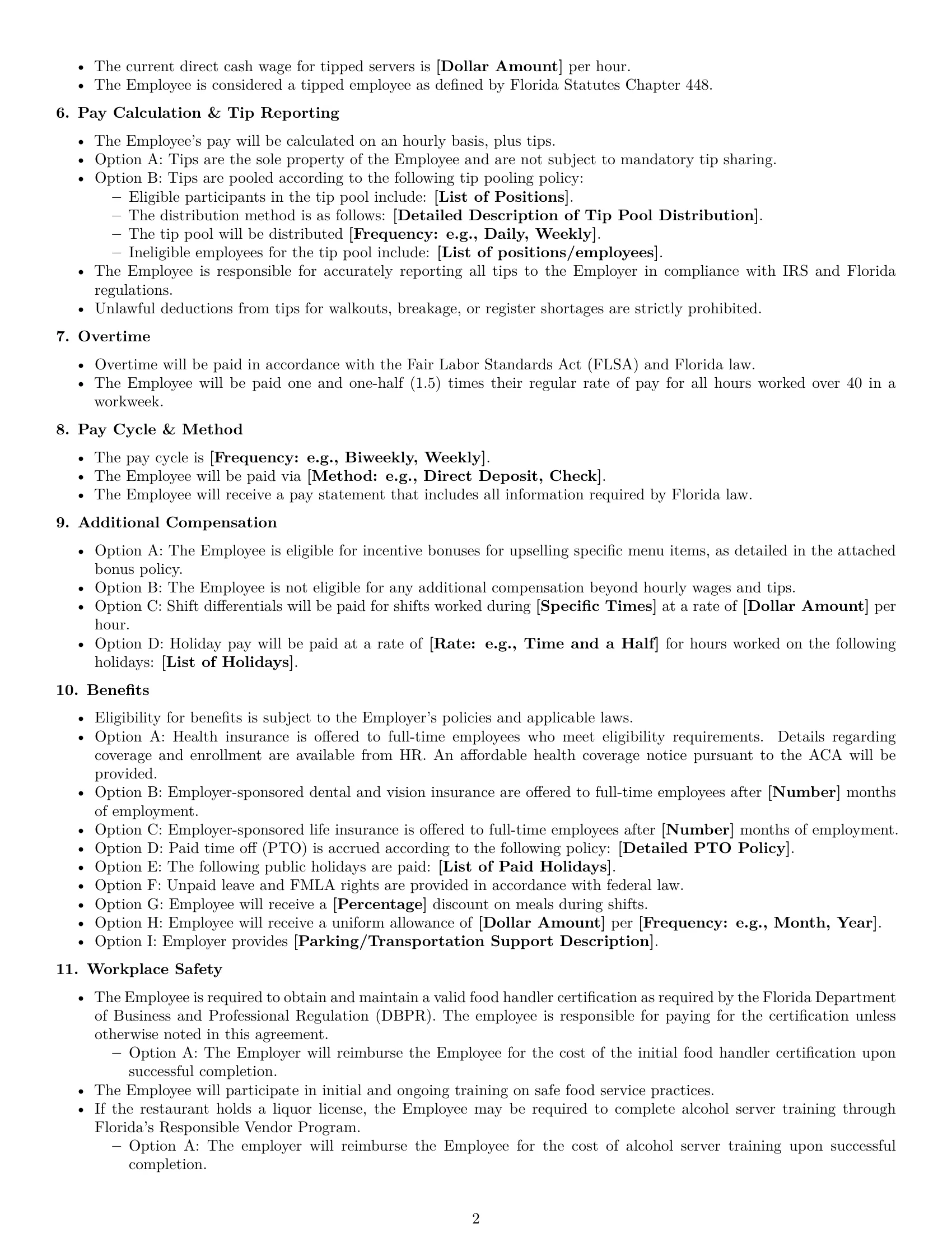 Preview page 2 of Free Florida restaurant server employment contract template
