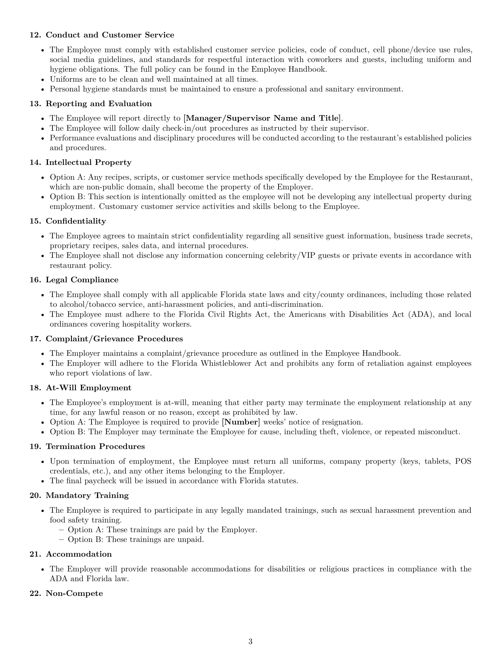 Preview page 3 of Free Florida restaurant server employment contract template