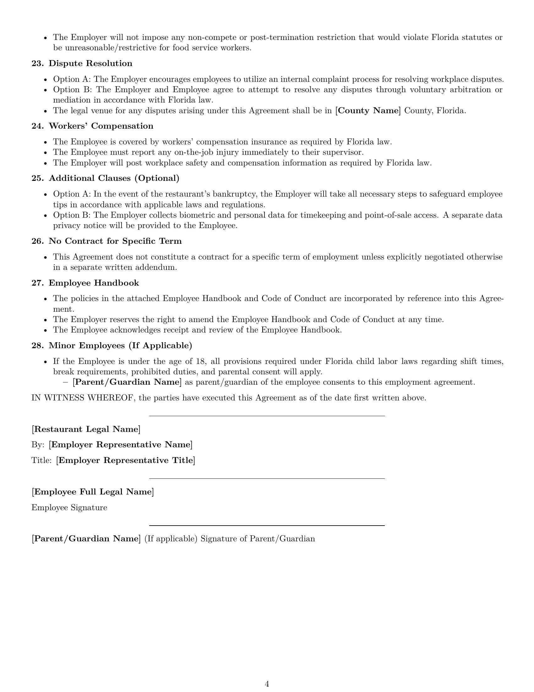 Preview page 4 of Free Florida restaurant server employment contract template